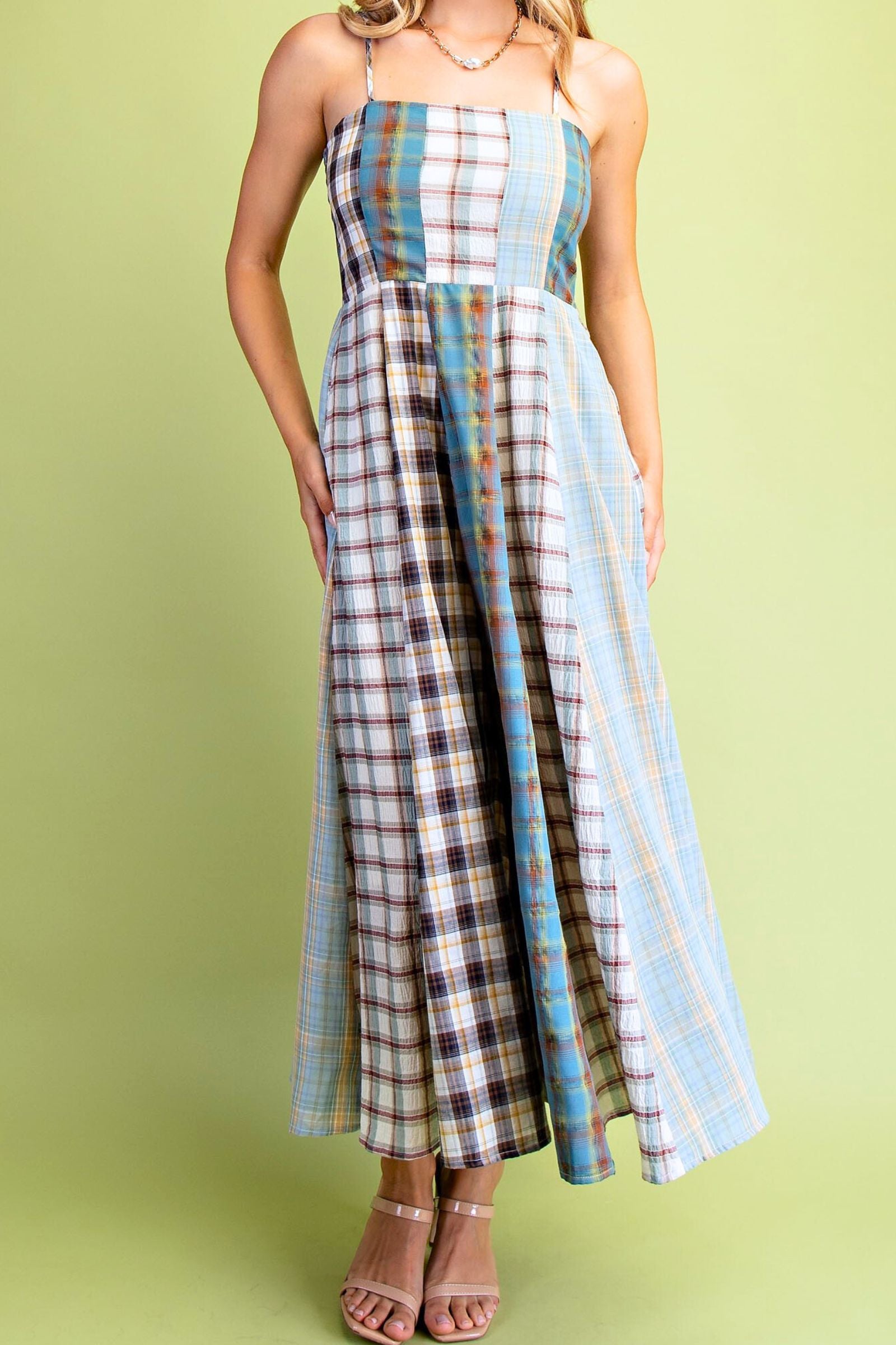 Spring Plaid Spaghetti Strap Midi Dress