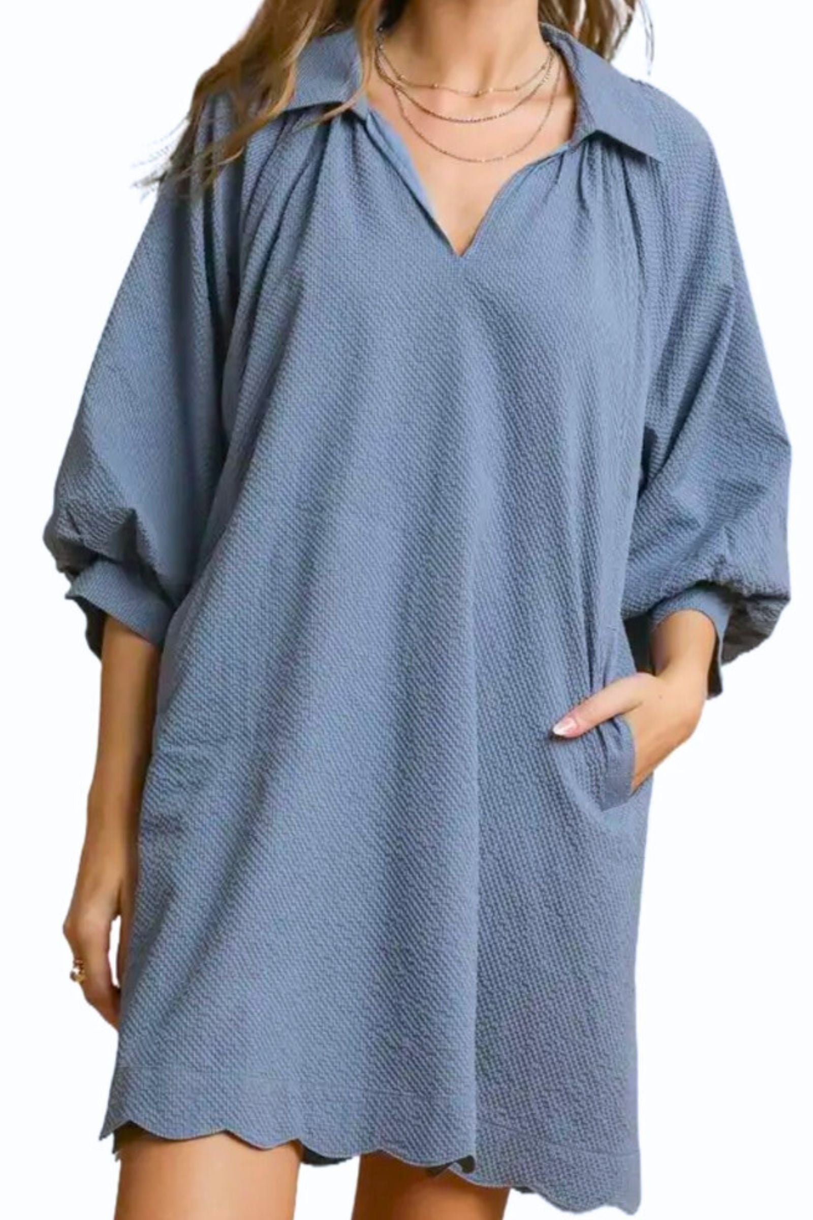 Steel Blue Split V Neck Dress