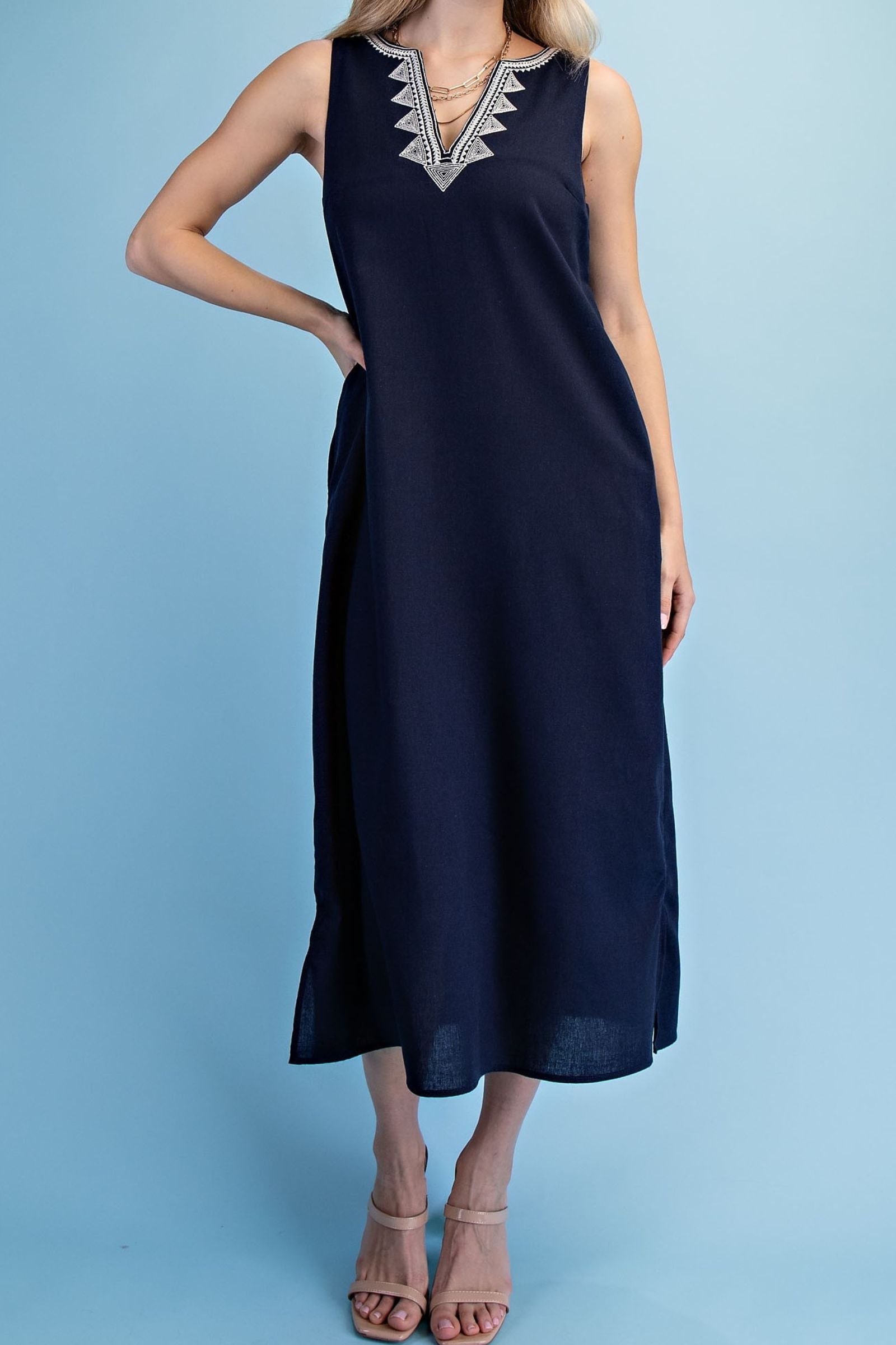 Navy Linen V Neck Midi Dress