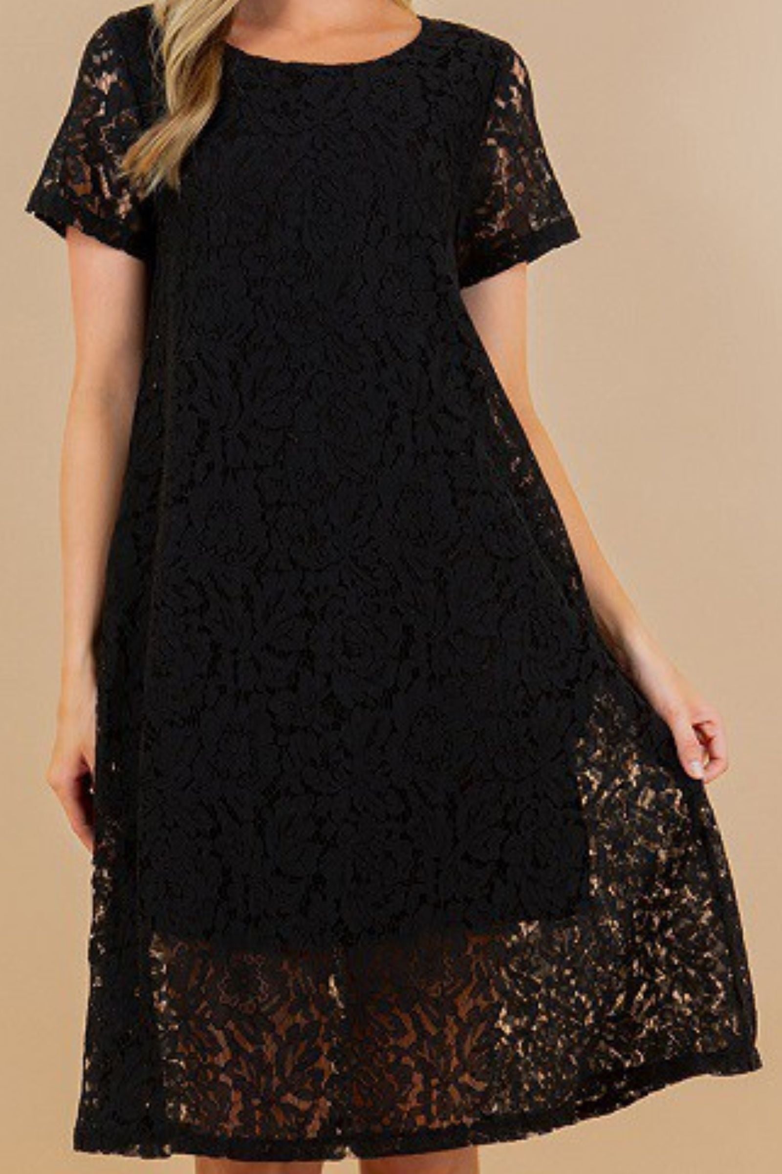 Black Lace Short Sleeve Swing Dress