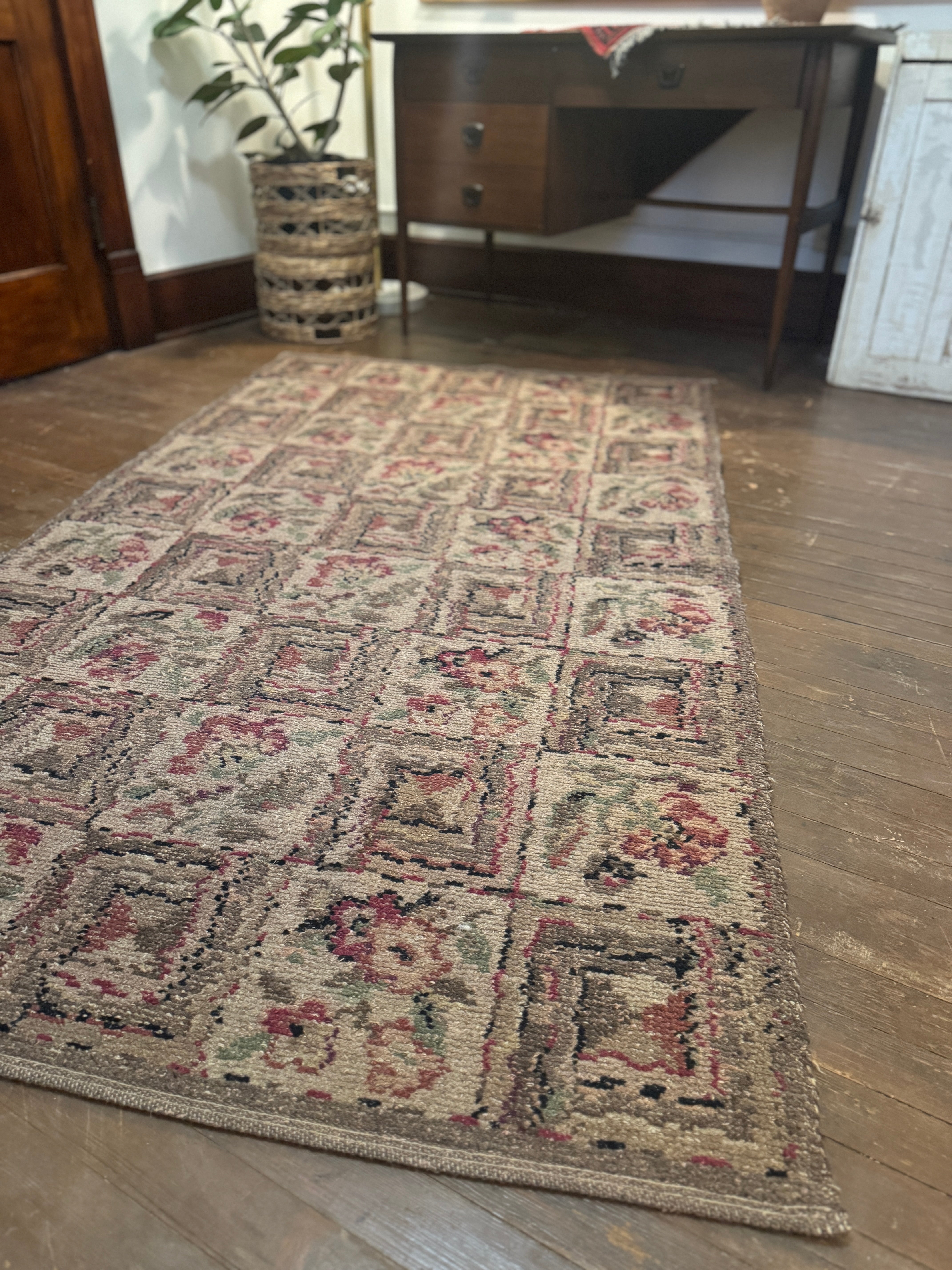 Antique Turkish Rug with Cottage Flowers - 6’8” x 3’8” (rug #008)