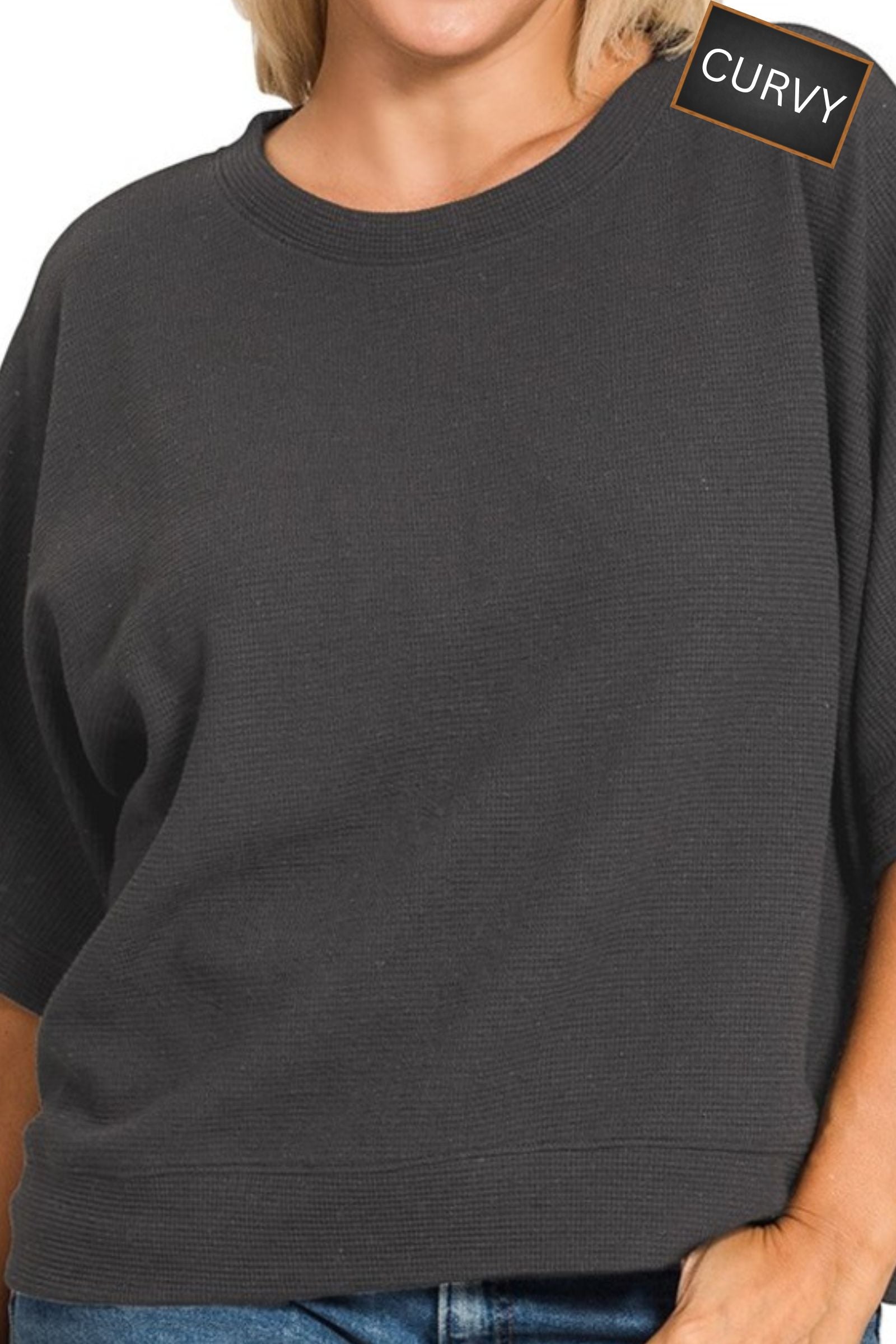 CURVY Black Double Knit Short Sleeve Top