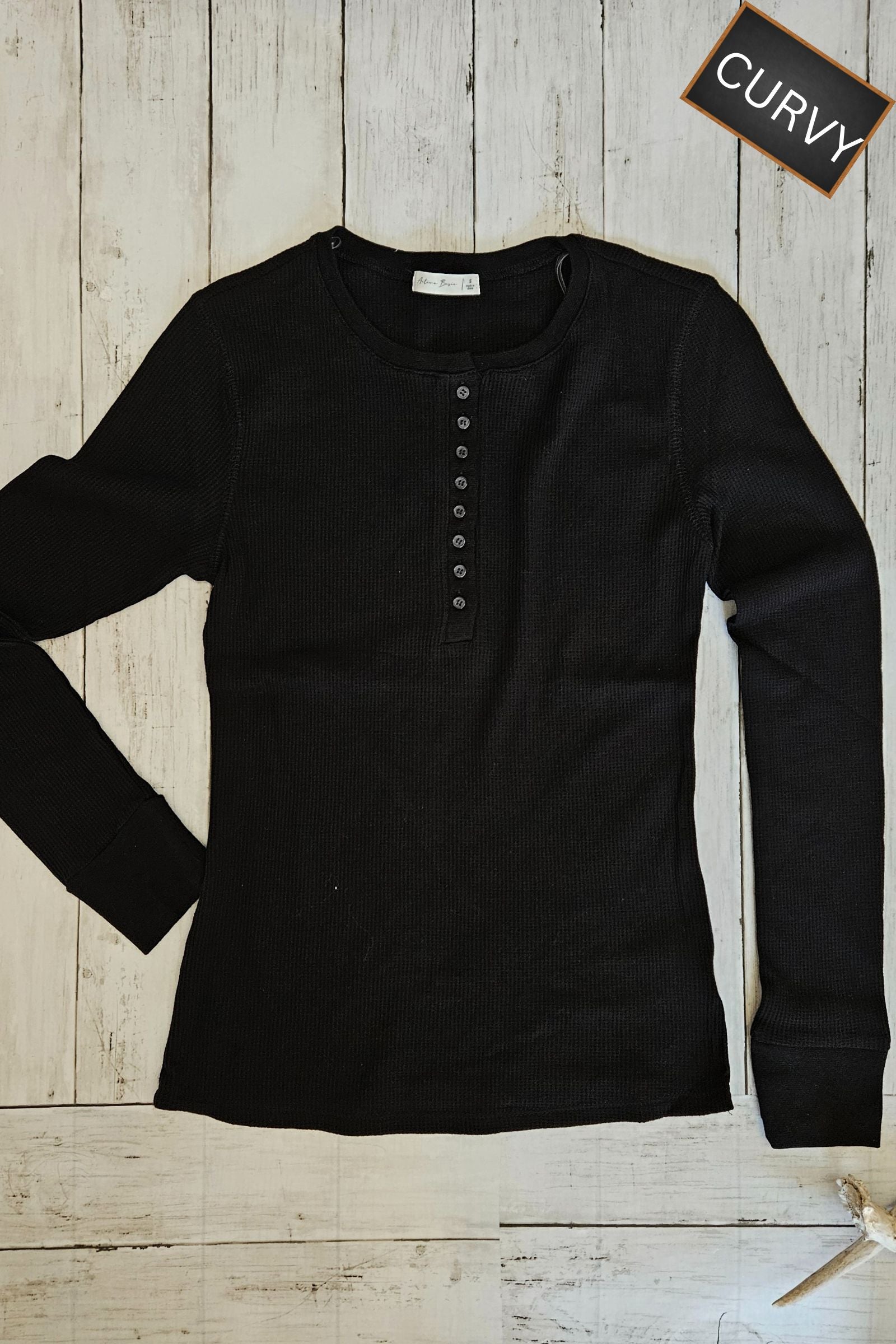 CURVY Black Long Sleeve Thermal Henley Top