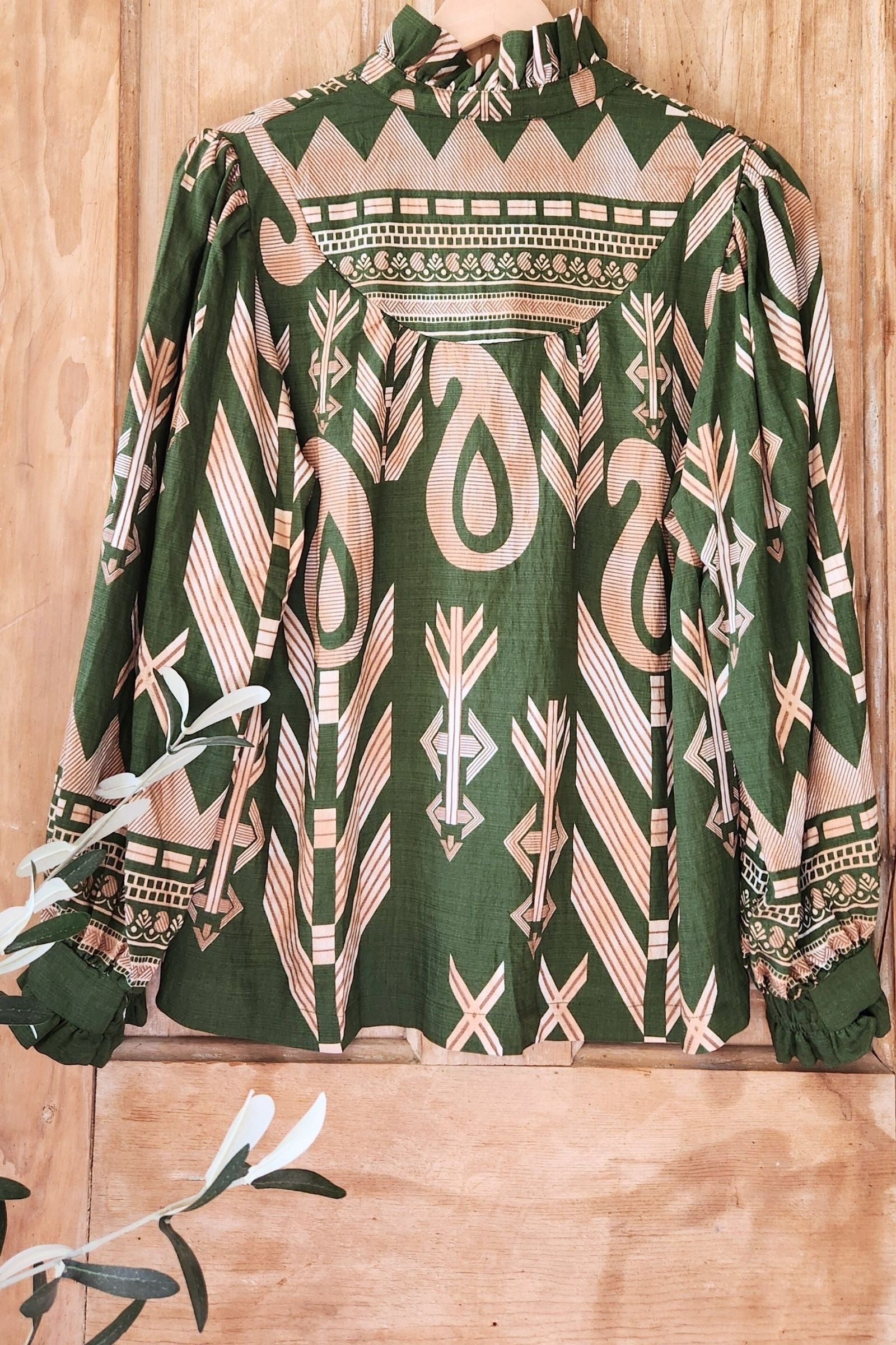 Boho Olive Print Mix Top
