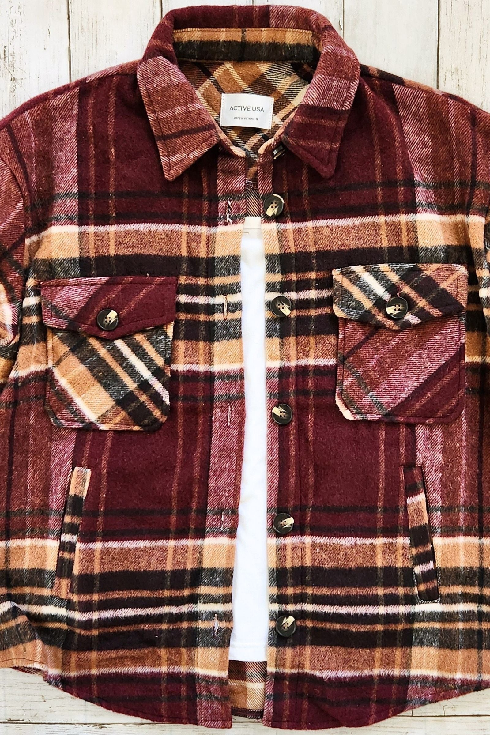 Burgundy & Taupe Flannel Button Down Top