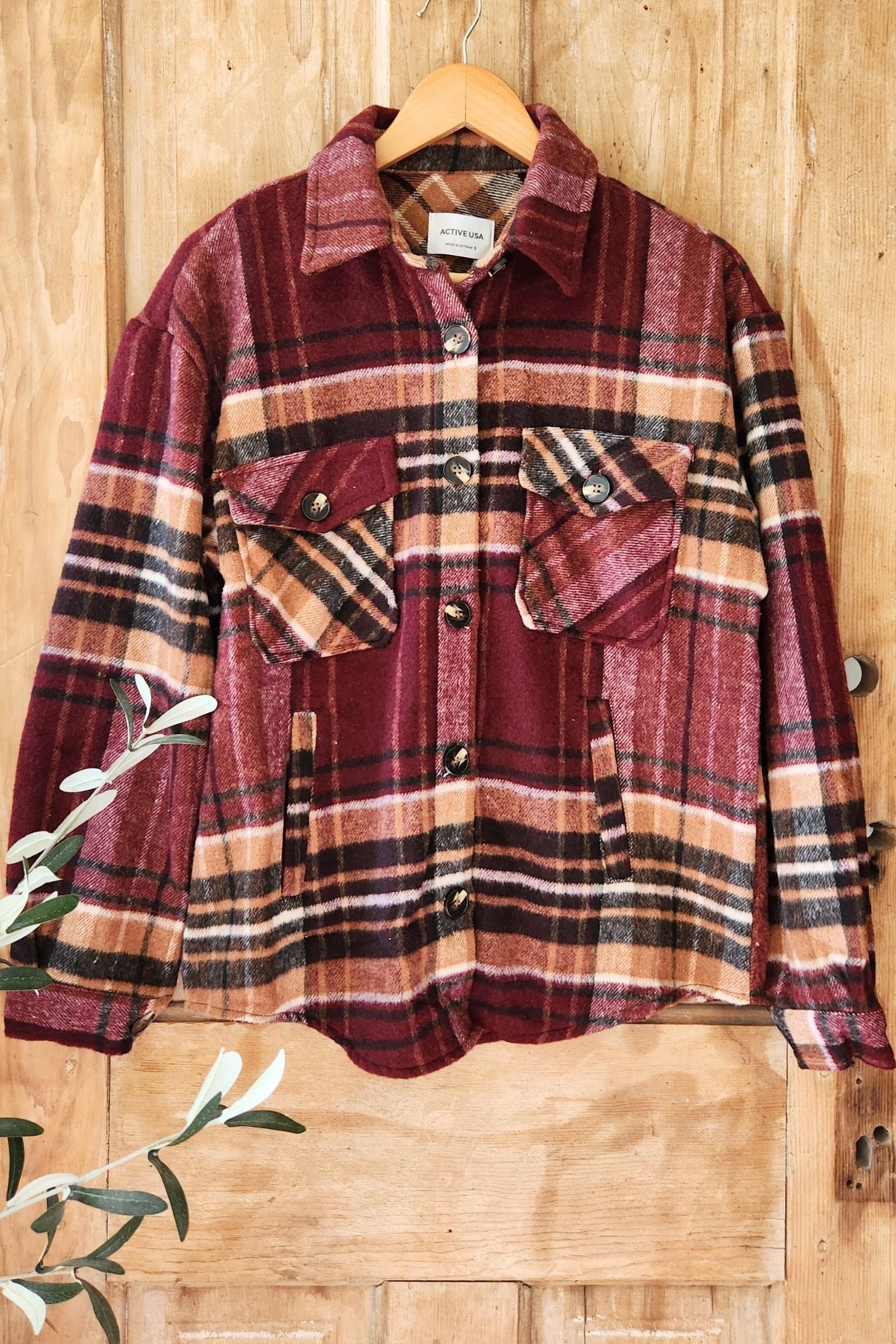 Burgundy & Taupe Flannel Button Down Top