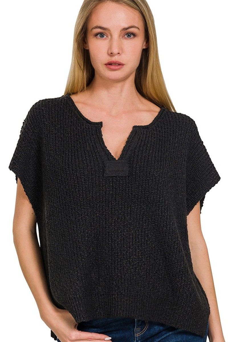 Black Split Neck Pullover Top