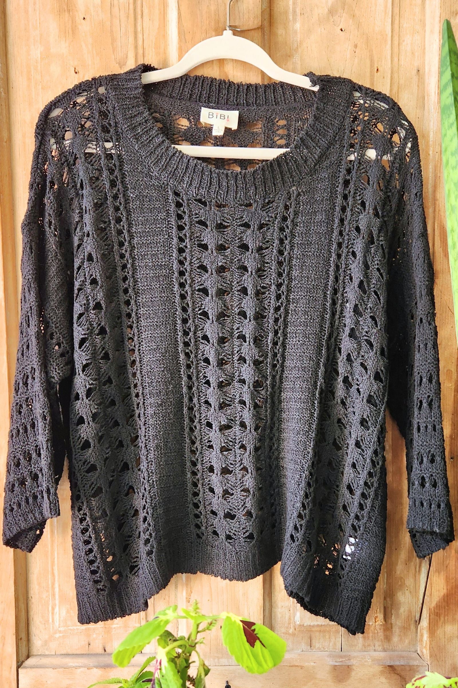 Black Crochet Short Sleeve Sweater