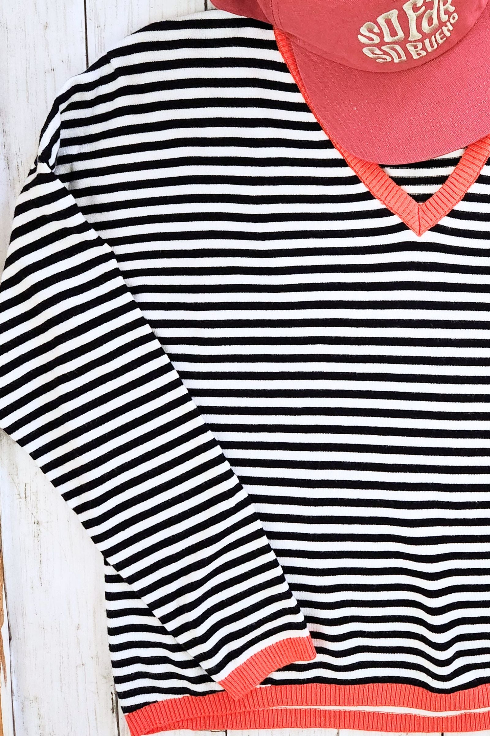 Black & White Striped V Neck Sweater