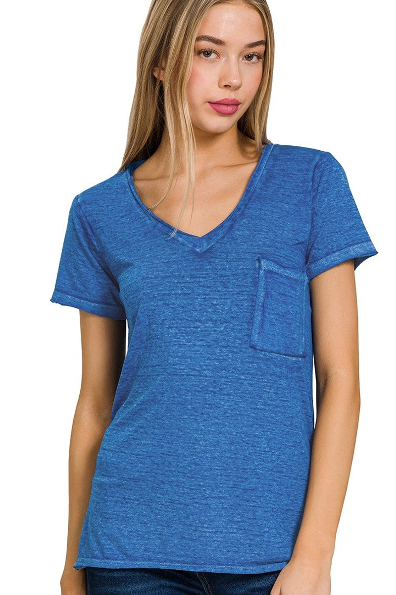 Blue Burnout V Neck Top