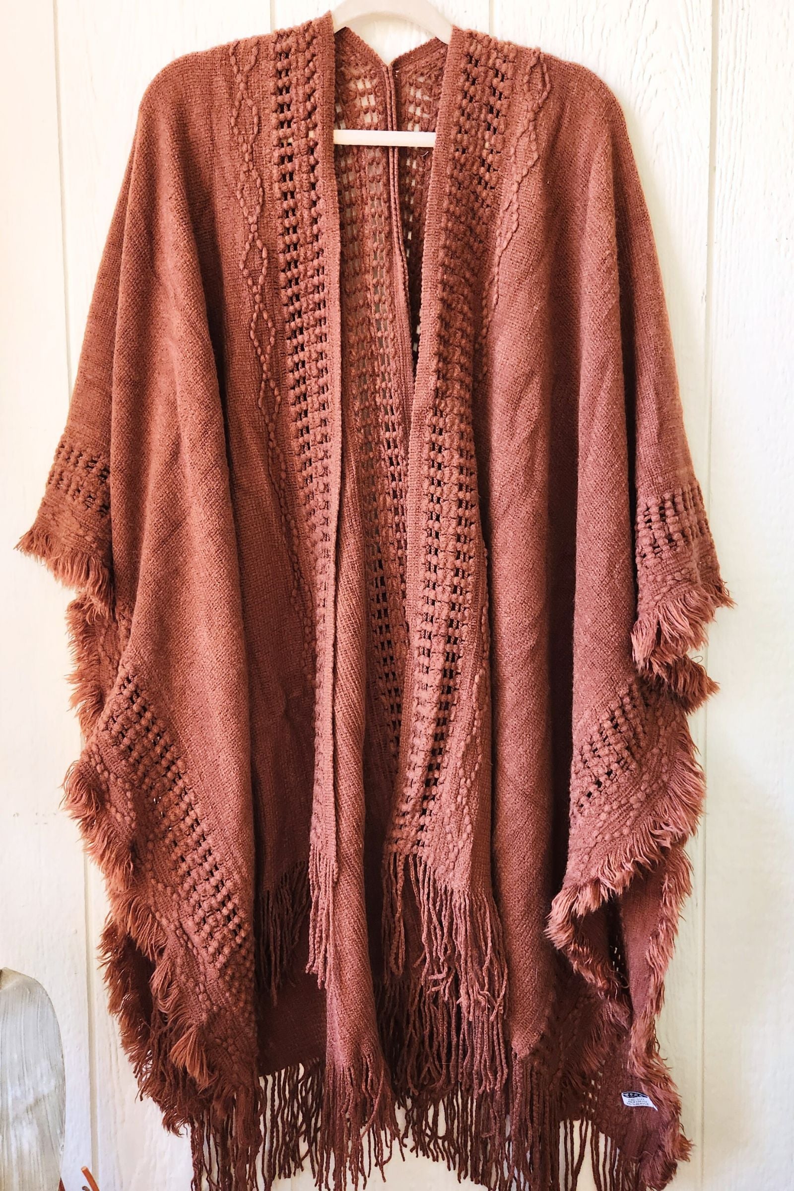 Open Work Frayed Border Boho Ruana