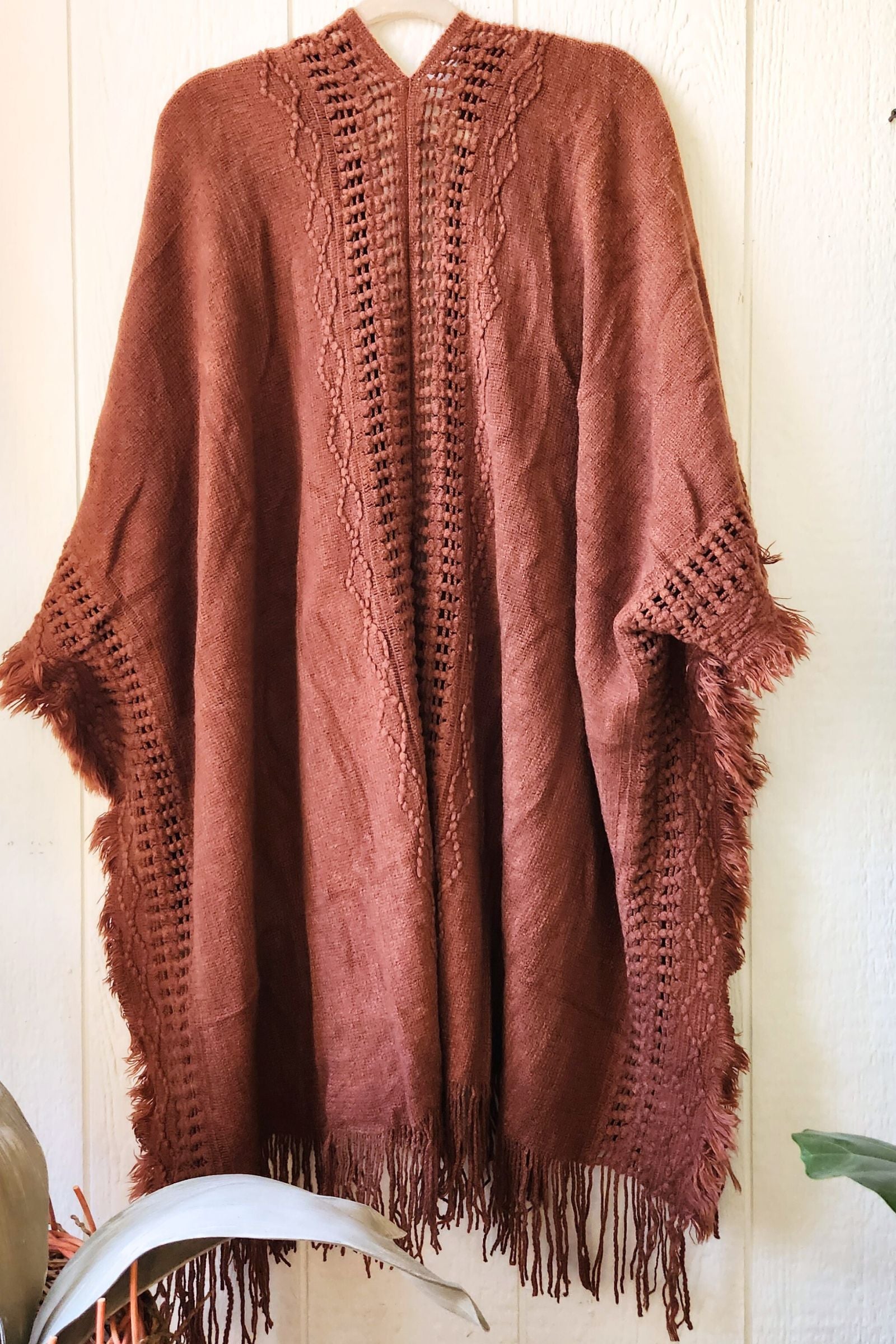 Open Work Frayed Border Boho Ruana