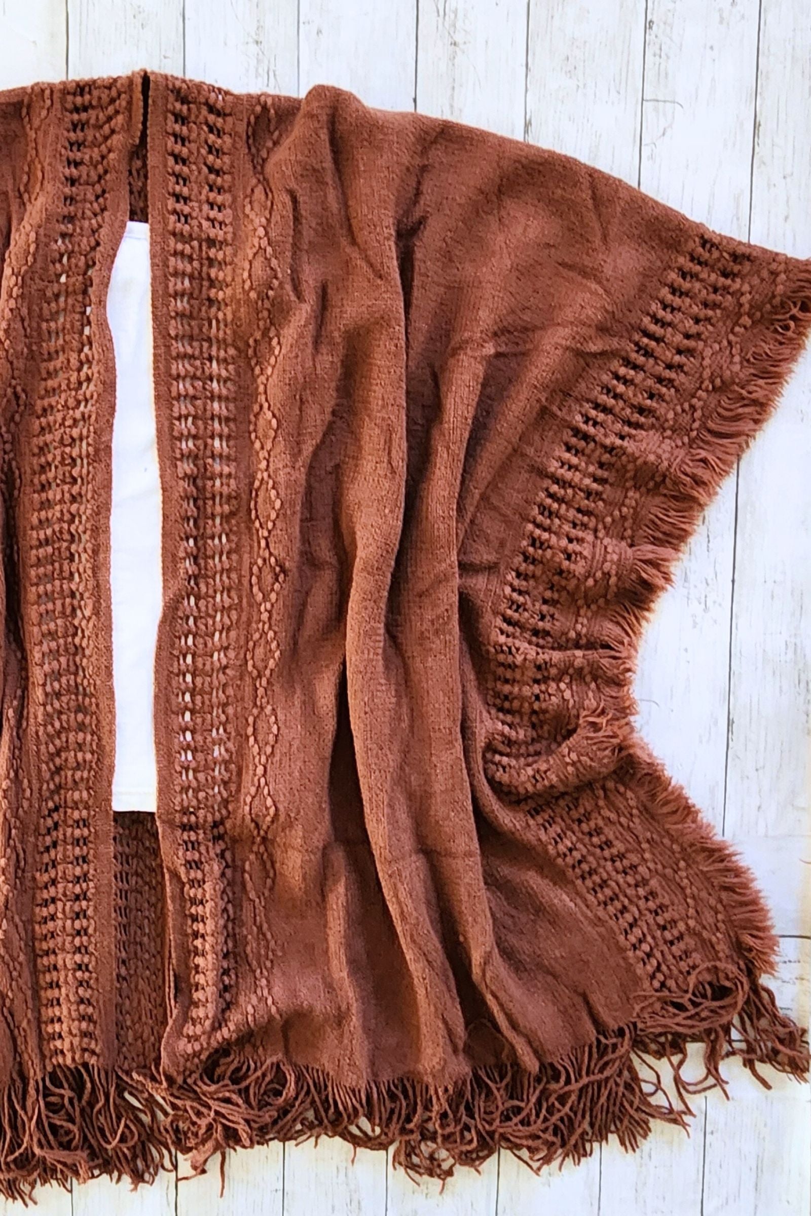 Open Work Frayed Border Boho Ruana