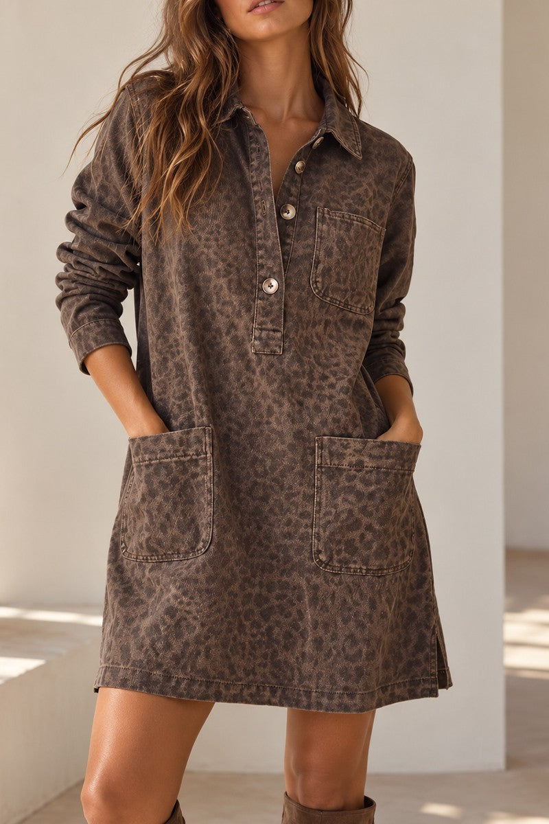 Brown Leopard Collared Shirt Dress