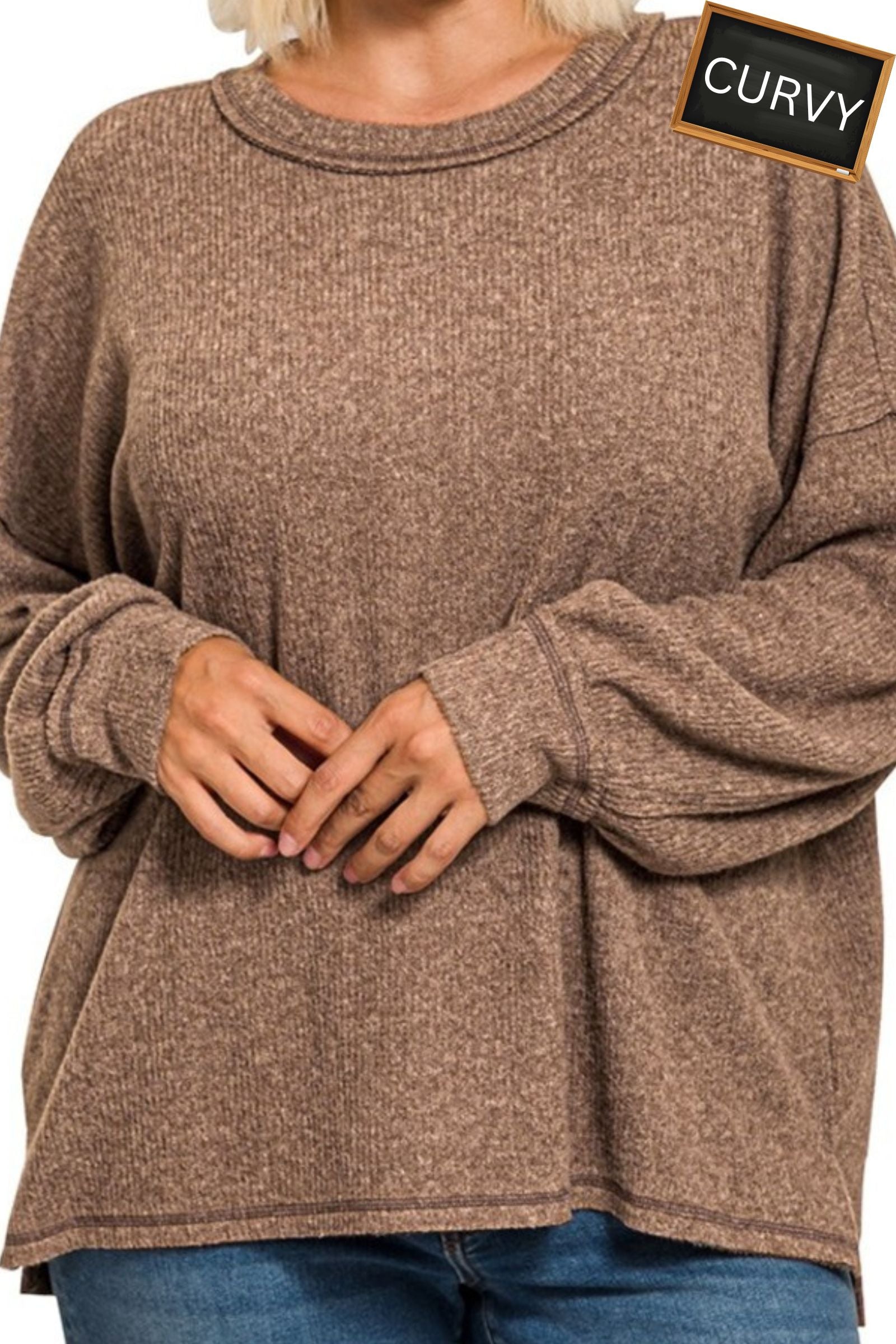 CURVY Brown Drop Shoulder Hacci Sweater