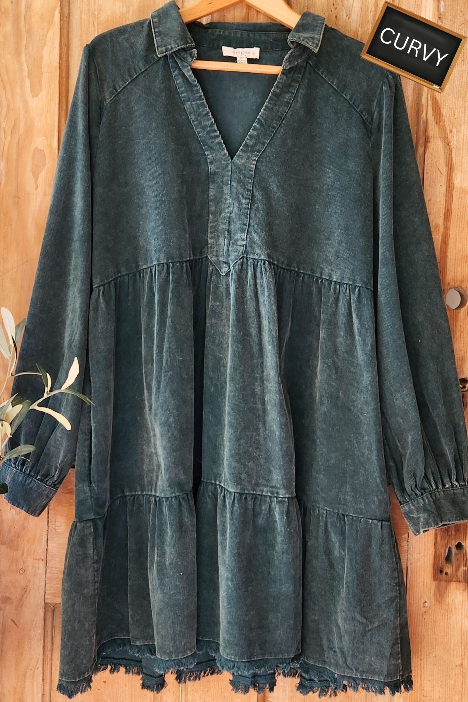 CURVY Green Mineral Wash Corduroy Tiered Dress
