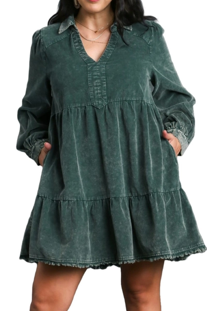 CURVY Green Mineral Wash Corduroy Tiered Dress