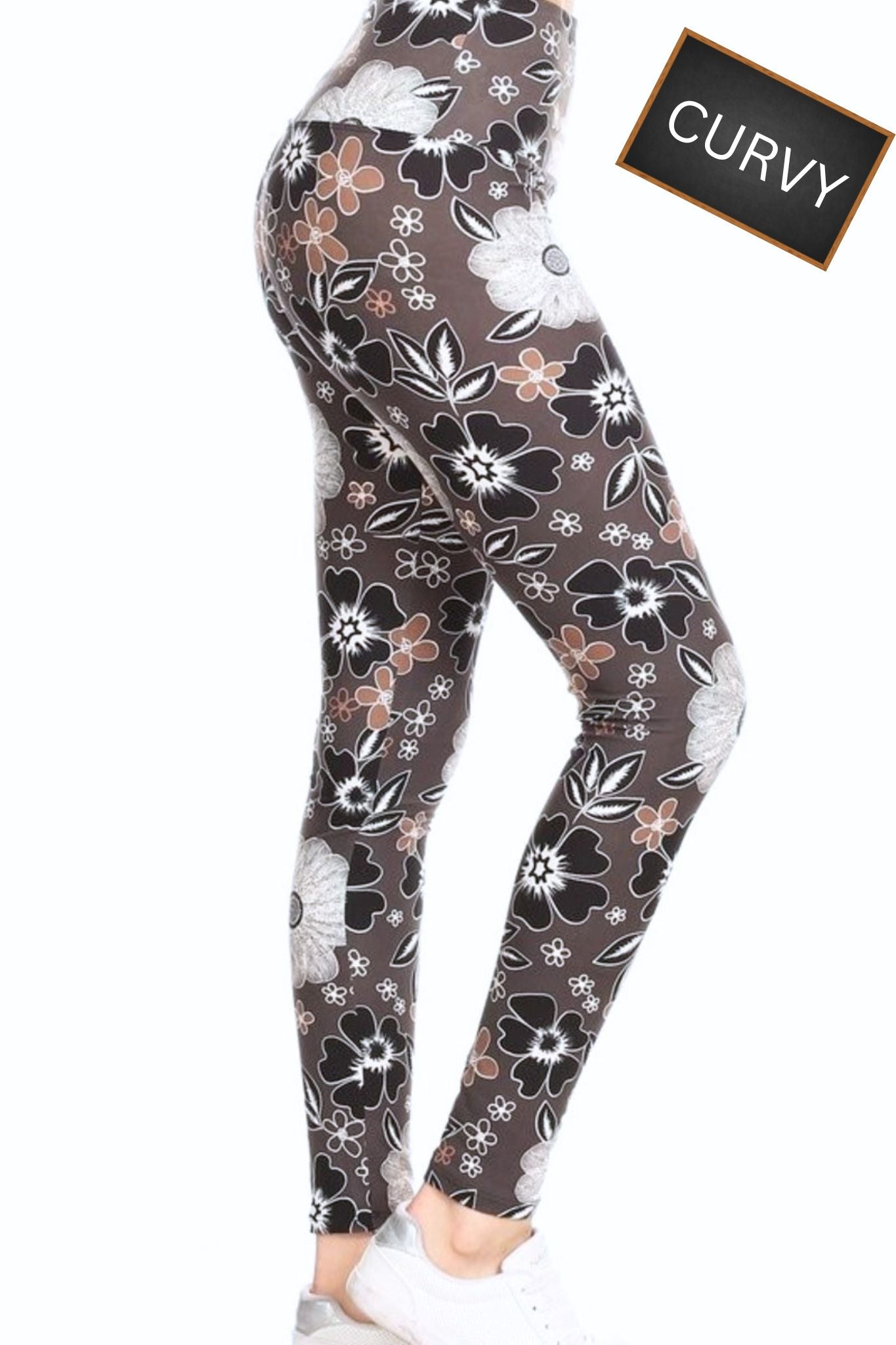 CURVY Mocha Floral Yoga Legging