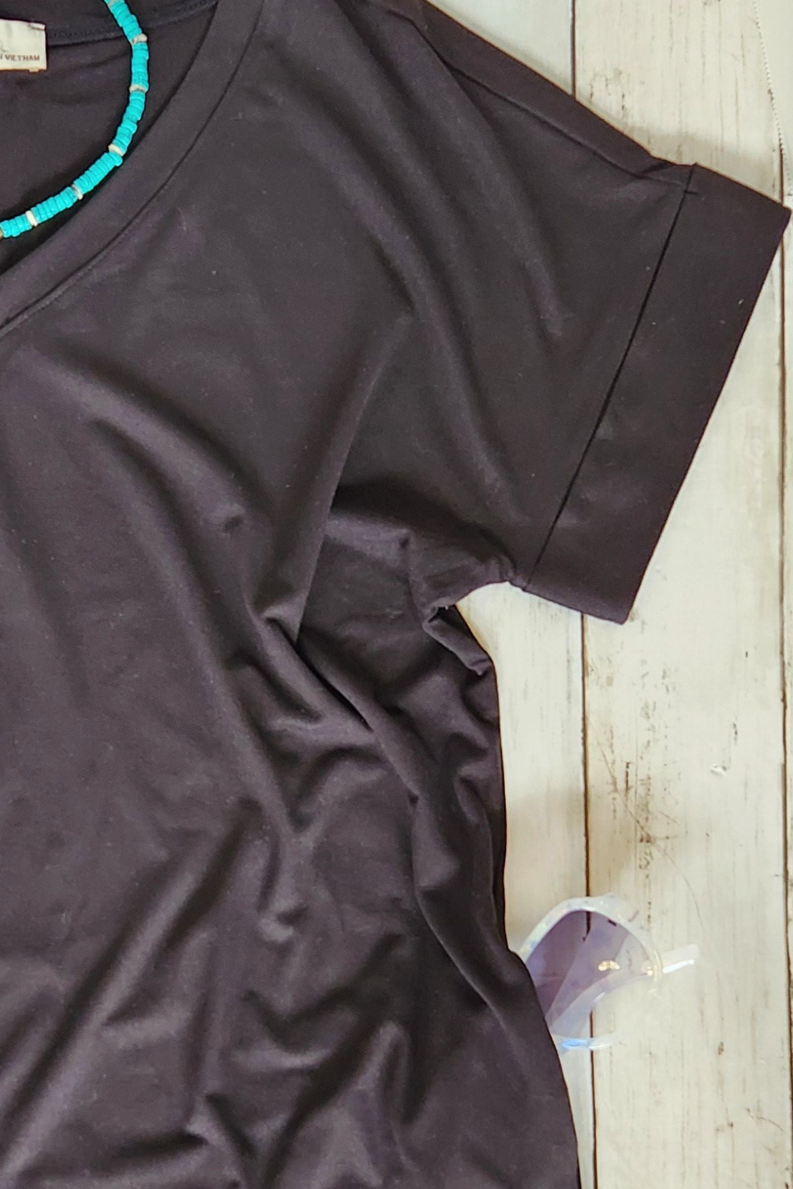 Black DTY Rolled Sleeve V Neck Dress