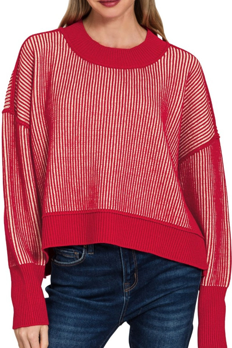 Dark Red Exposed Seam Two Tone Sweater