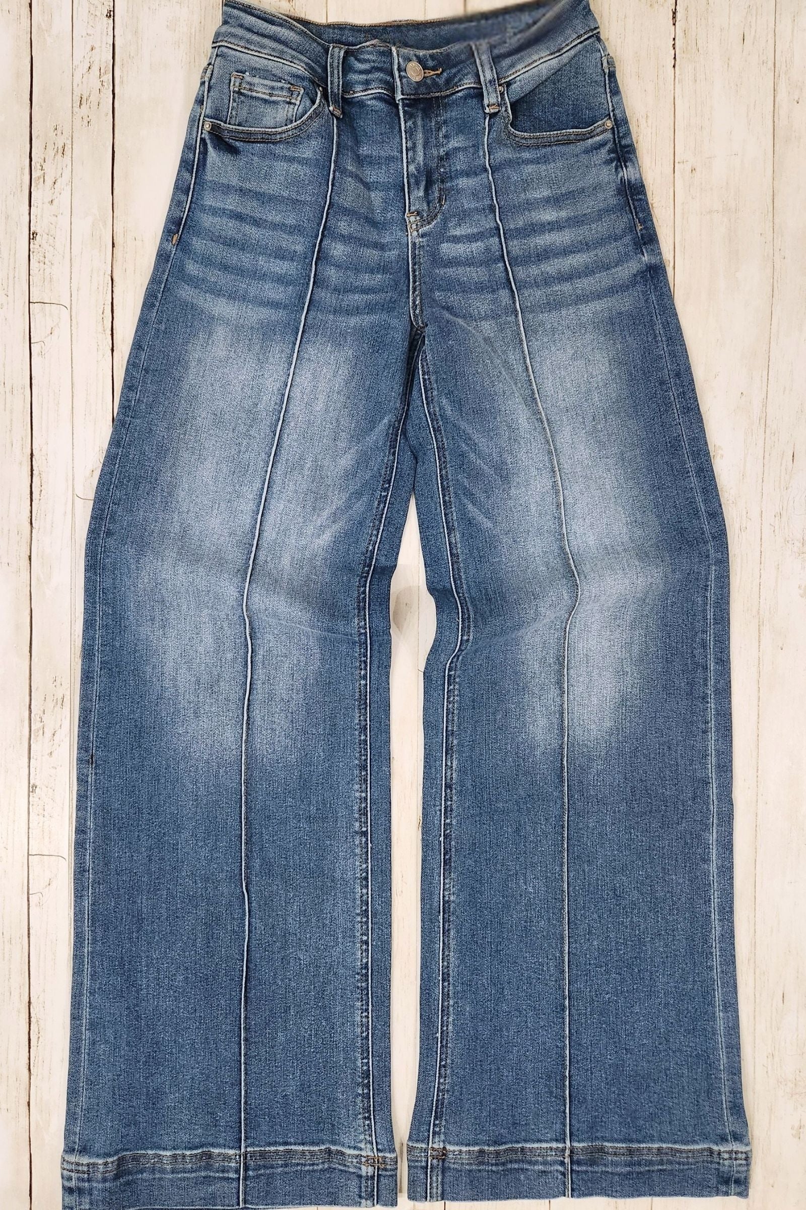 Medium Wash Wide Leg Pintuck Denim Jeans