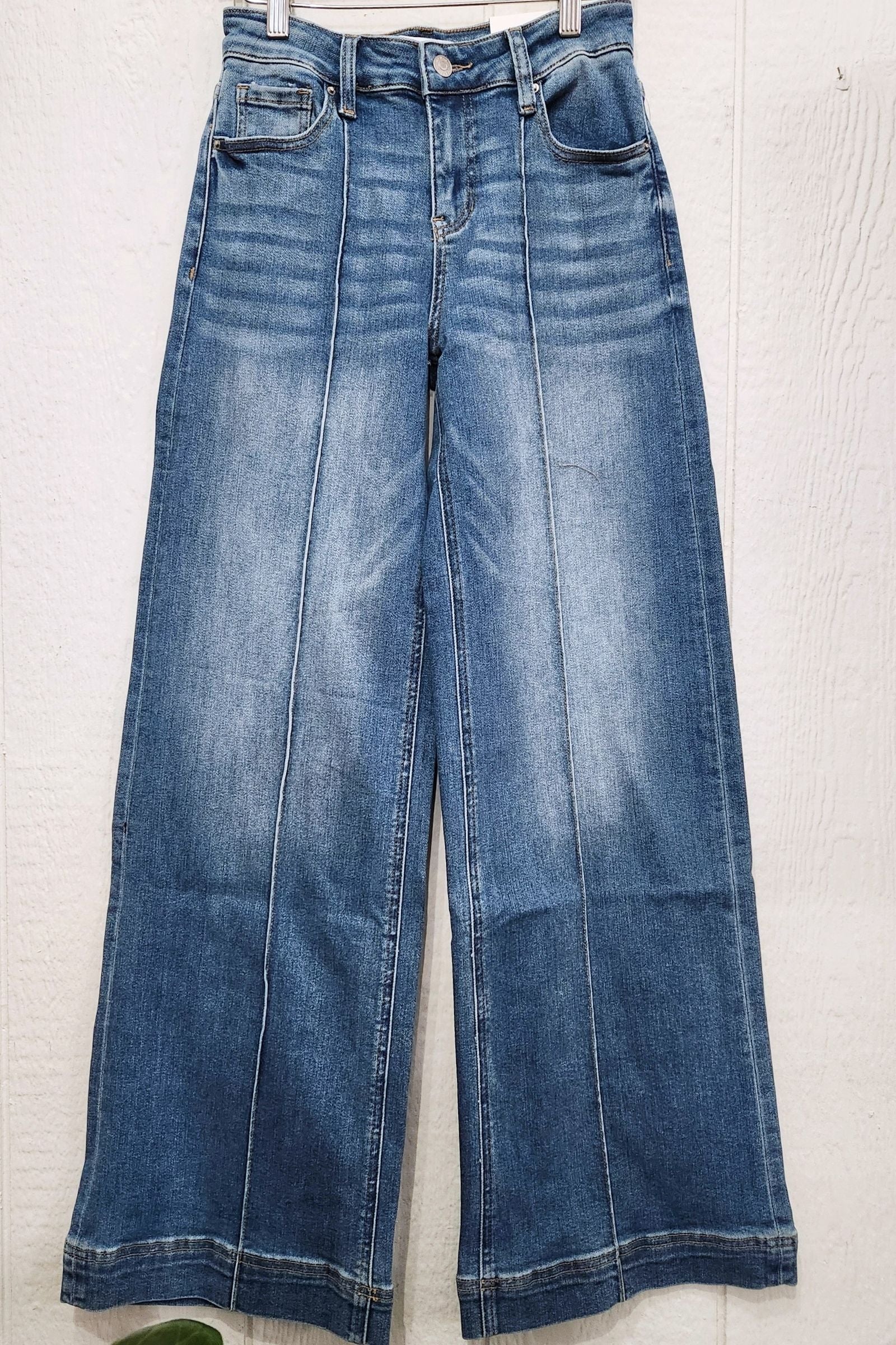 Medium Wash Wide Leg Pintuck Denim Jeans