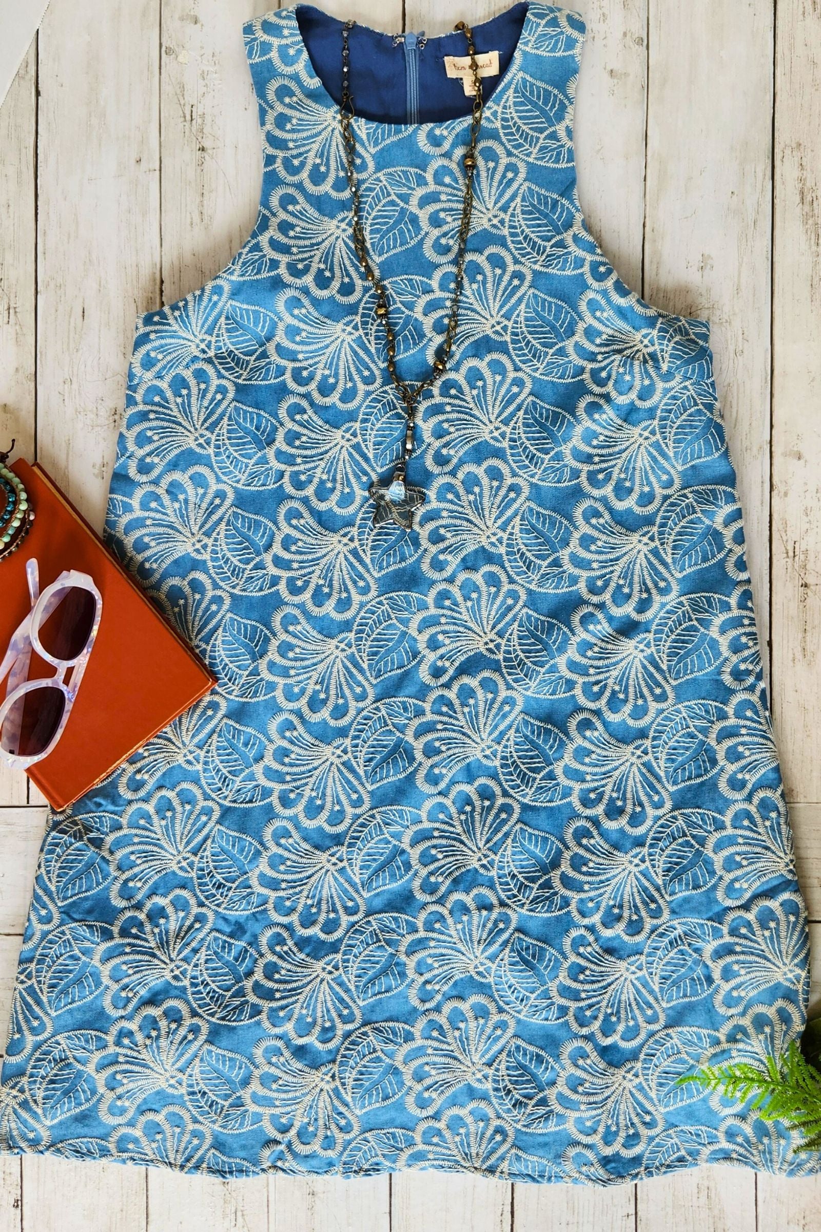 Embroidered Chambray Shift Dress