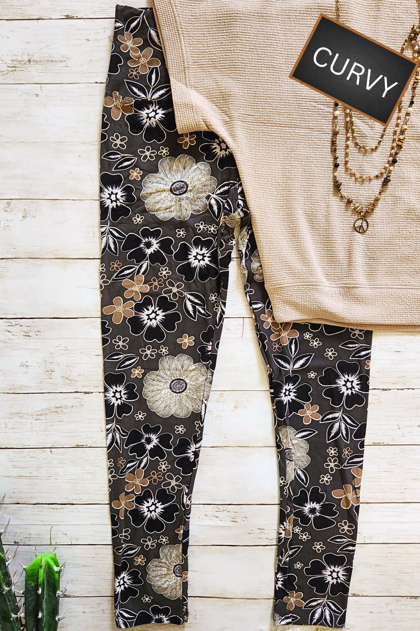 CURVY Mocha Floral Yoga Legging