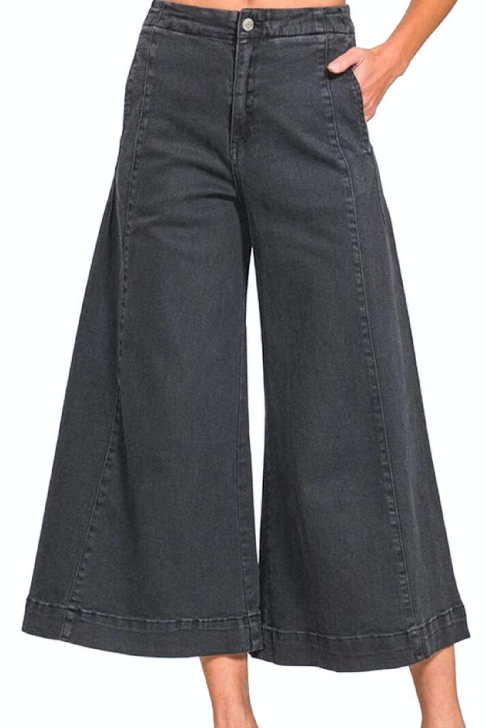 Black High Rise Cropped Gaucho Denim Pants