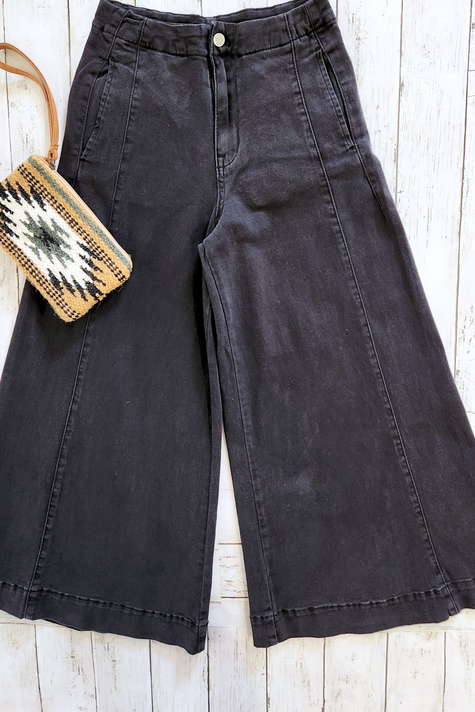 Black High Rise Cropped Gaucho Denim Pants