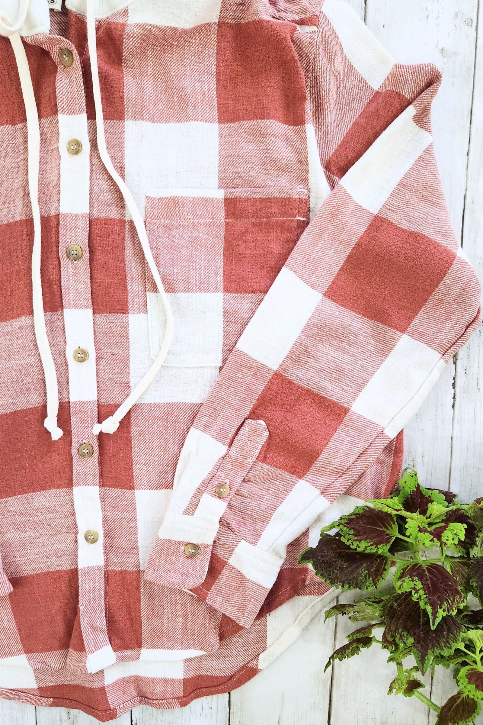 Gingham Clay Button Down Flannel Hoodie