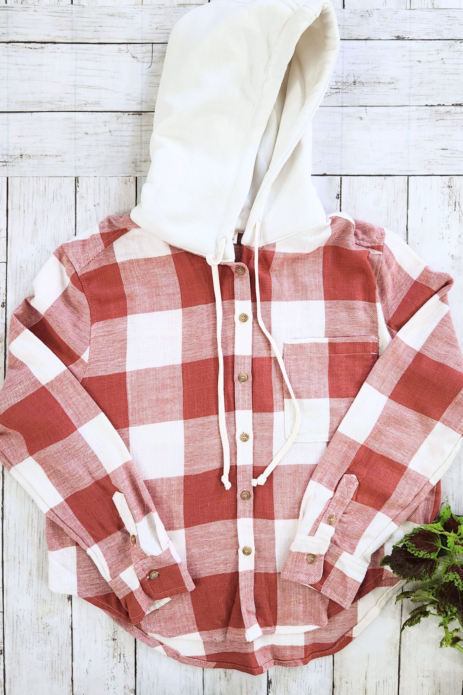 Gingham Clay Button Down Flannel Hoodie