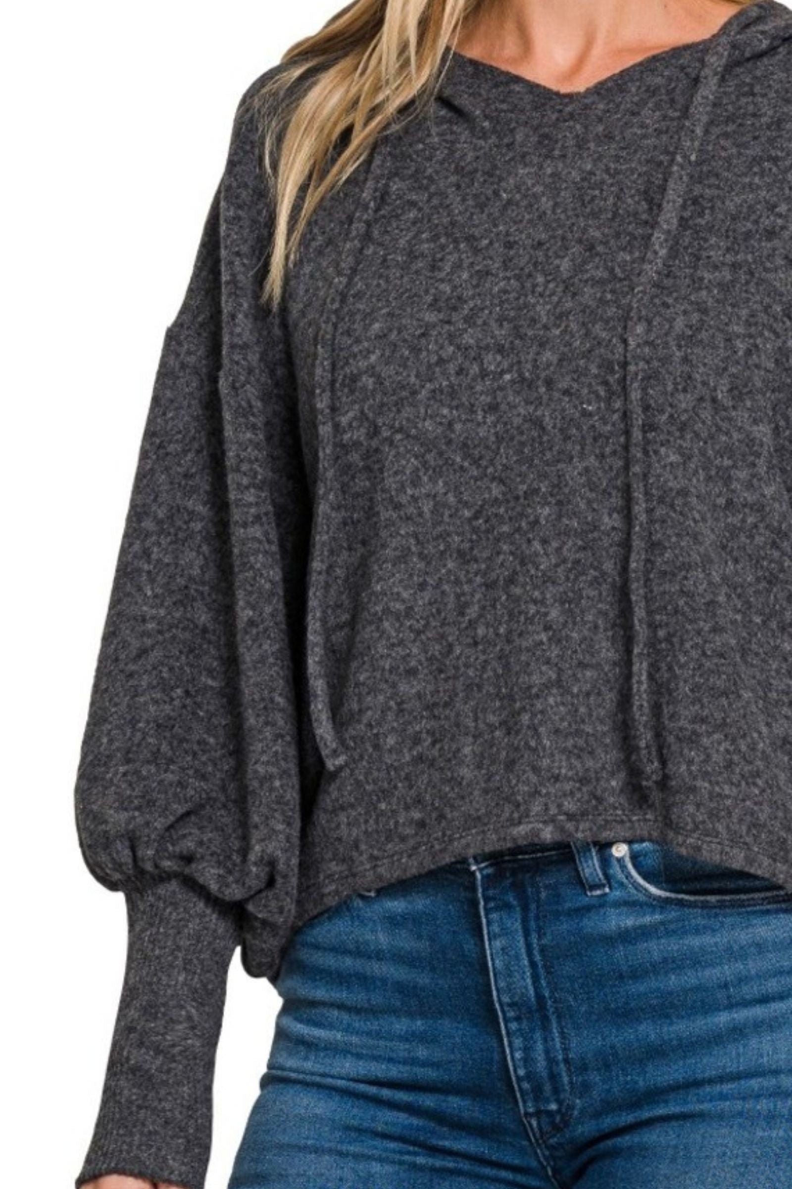 Charcoal Hacci Balloon Sleeve Cropped Hoodie