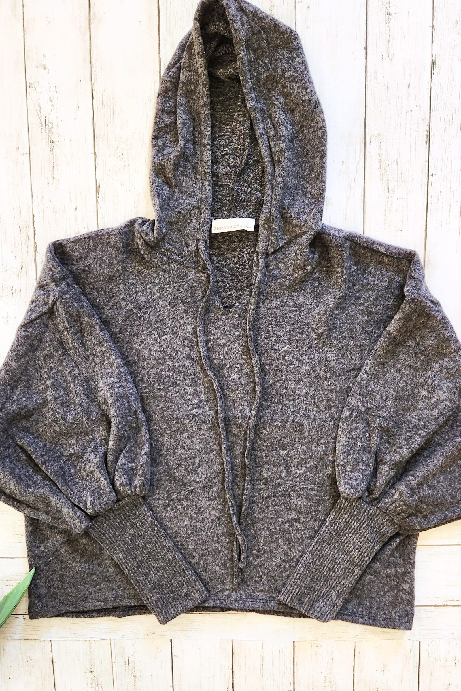 Charcoal Hacci Balloon Sleeve Cropped Hoodie