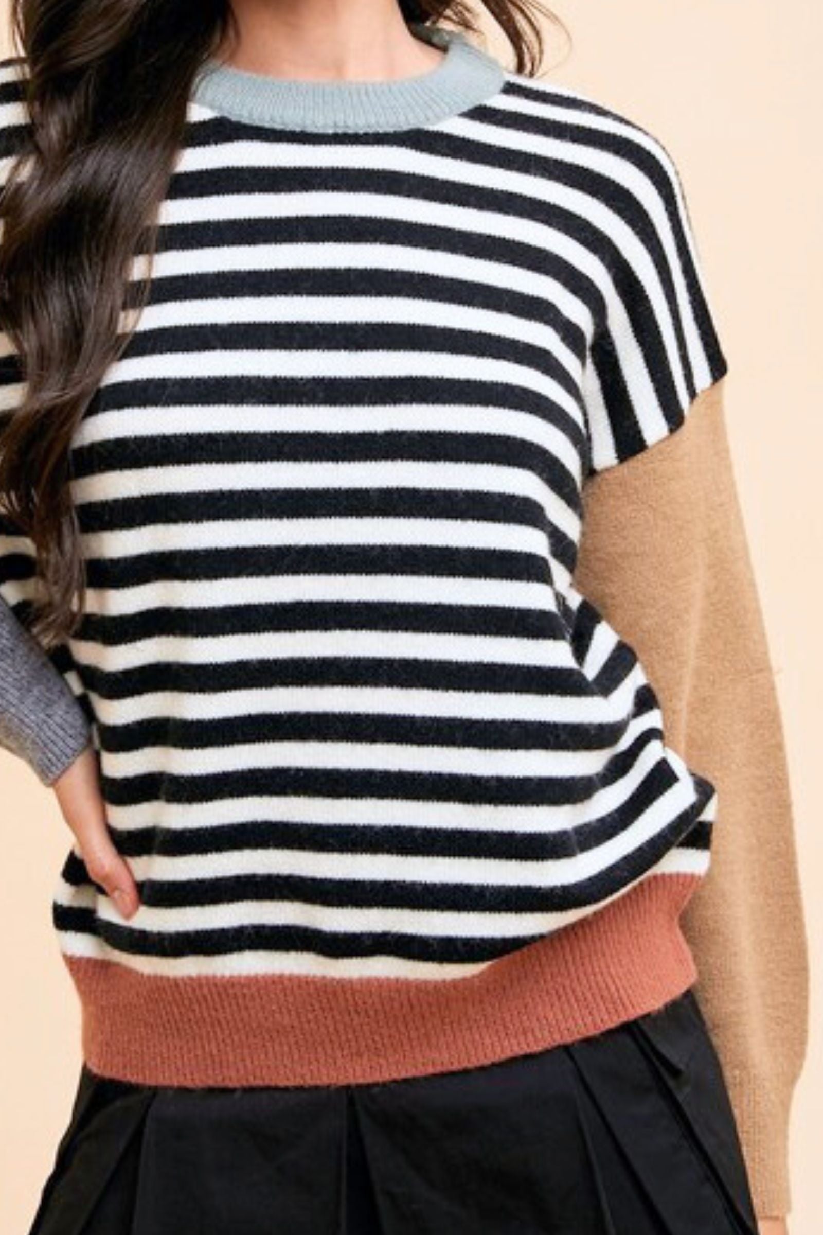 Ivory & Black Color Block Striped Sweater