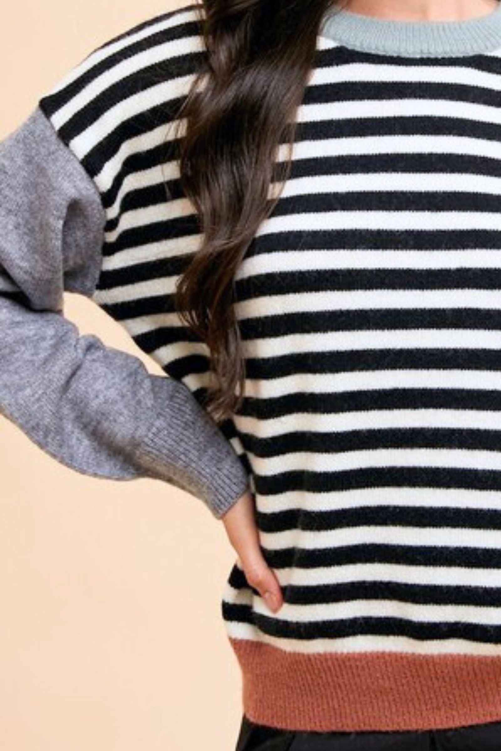 Ivory & Black Color Block Striped Sweater
