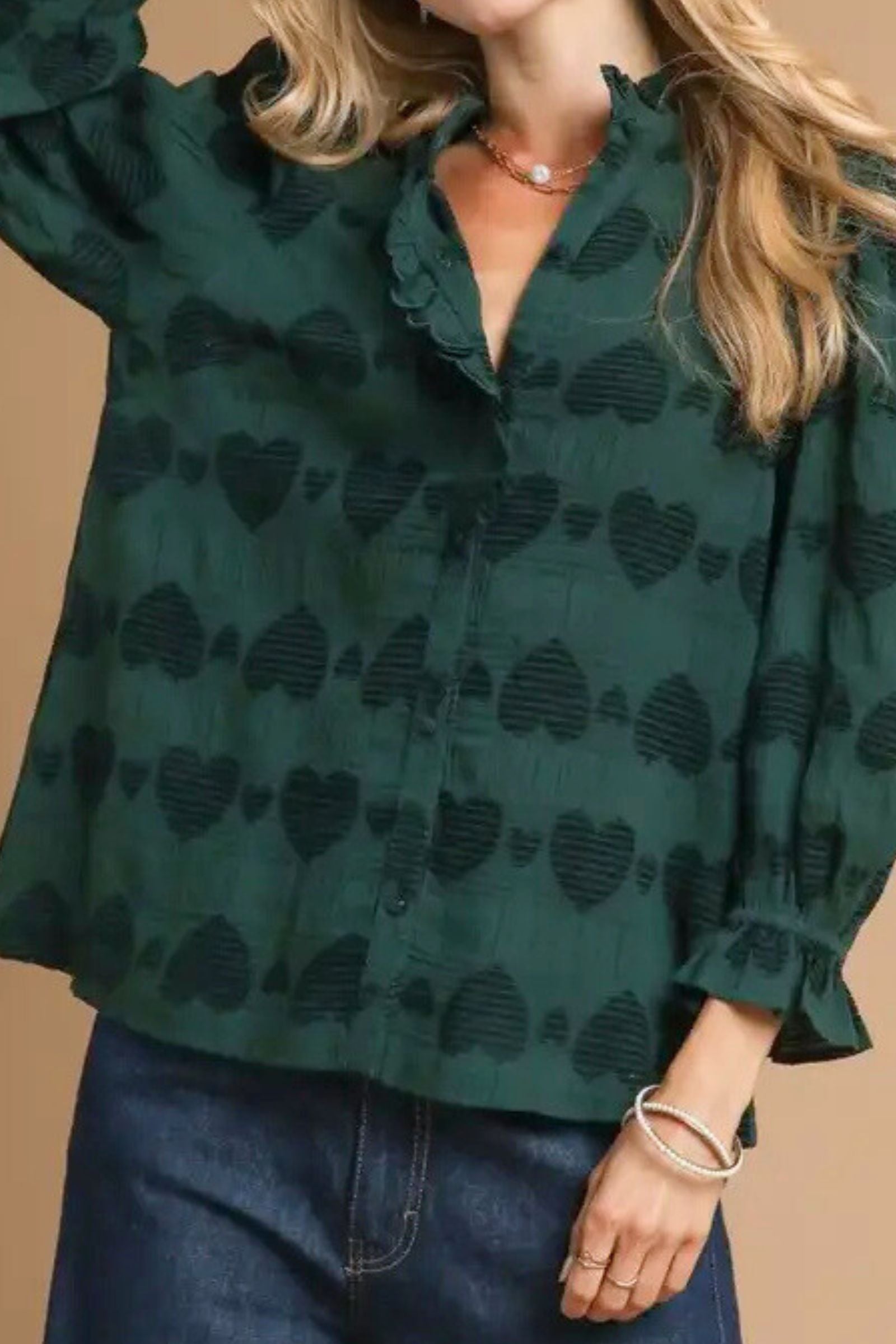 Jacquard Heart Ruffle Trim Top