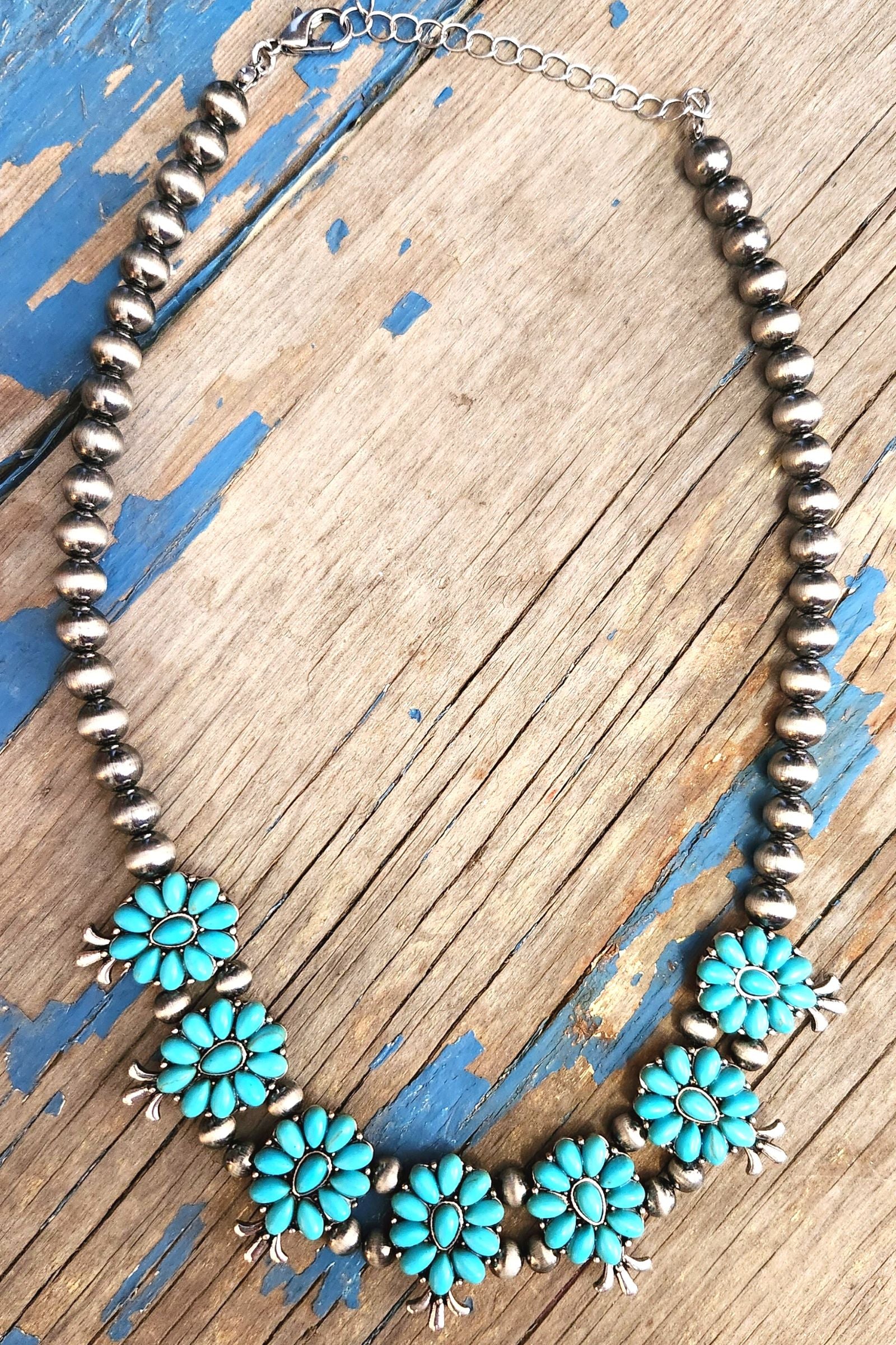 Turquoise & Navajo Pearl Squash Blossom Necklace