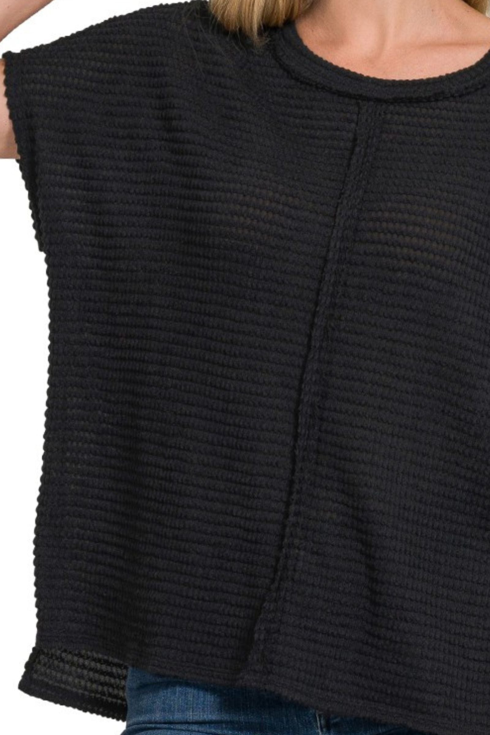 Black Jacquard Short Sleeve Top