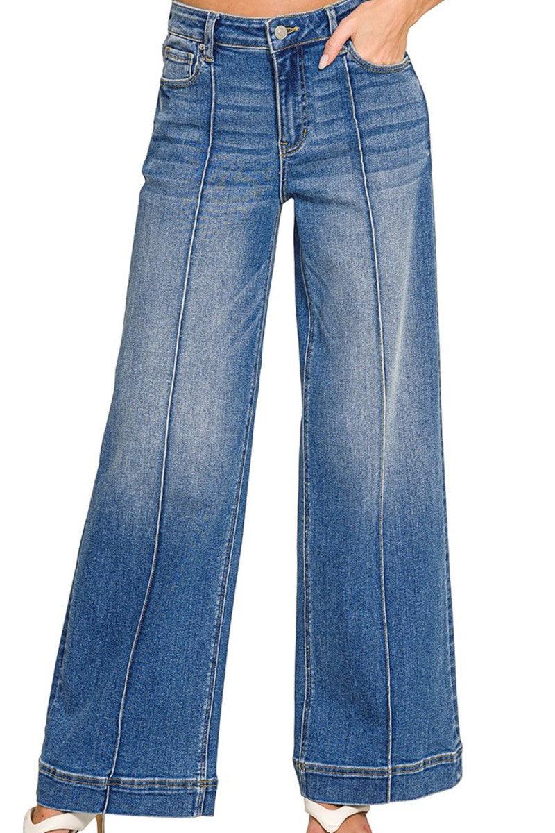Medium Wash Wide Leg Pintuck Denim Jeans