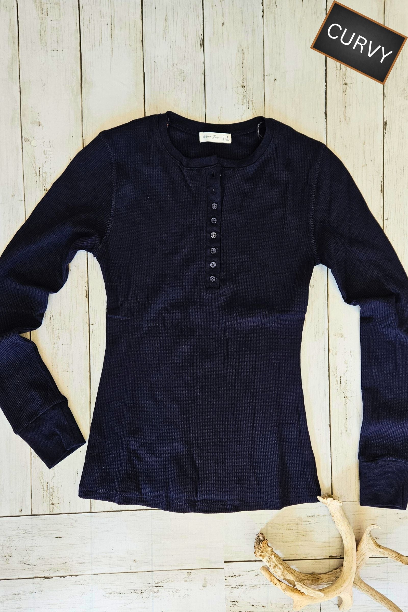 CURVY Navy Long Sleeve Thermal Henley Top