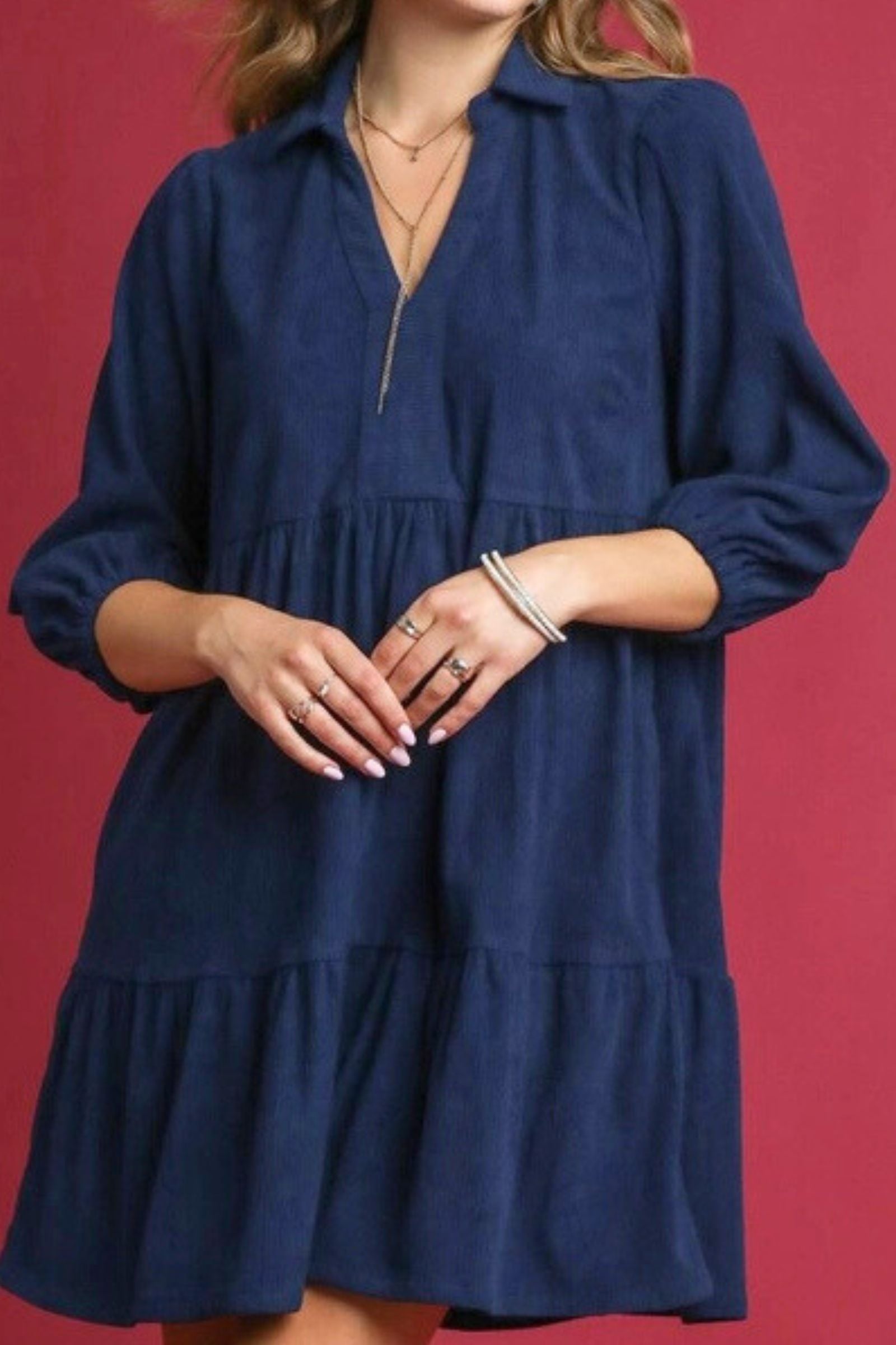 Navy Corduroy Tiered Dress