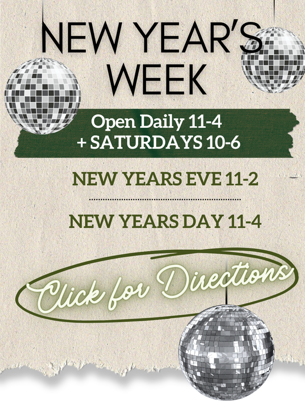 Promotional flyer for a business with disco balls and New Year's Eve/New Year's Day hours.