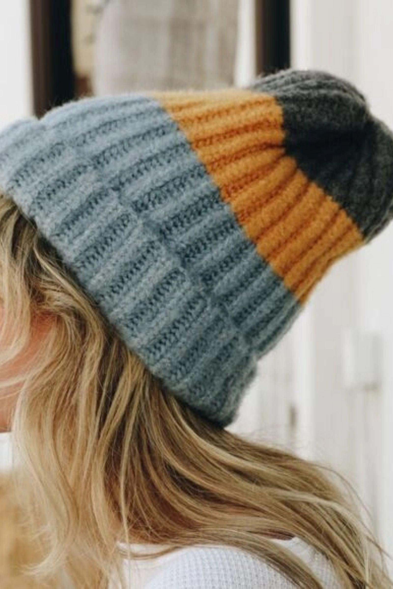 Blue Mustard Color Block Beanie