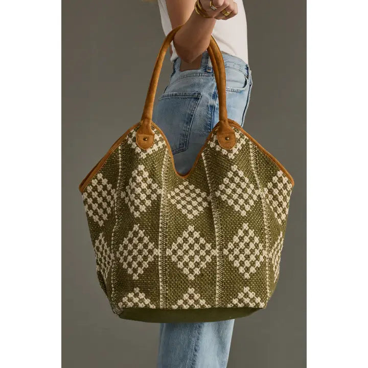 Olive & Cream Diamond Tote Bag