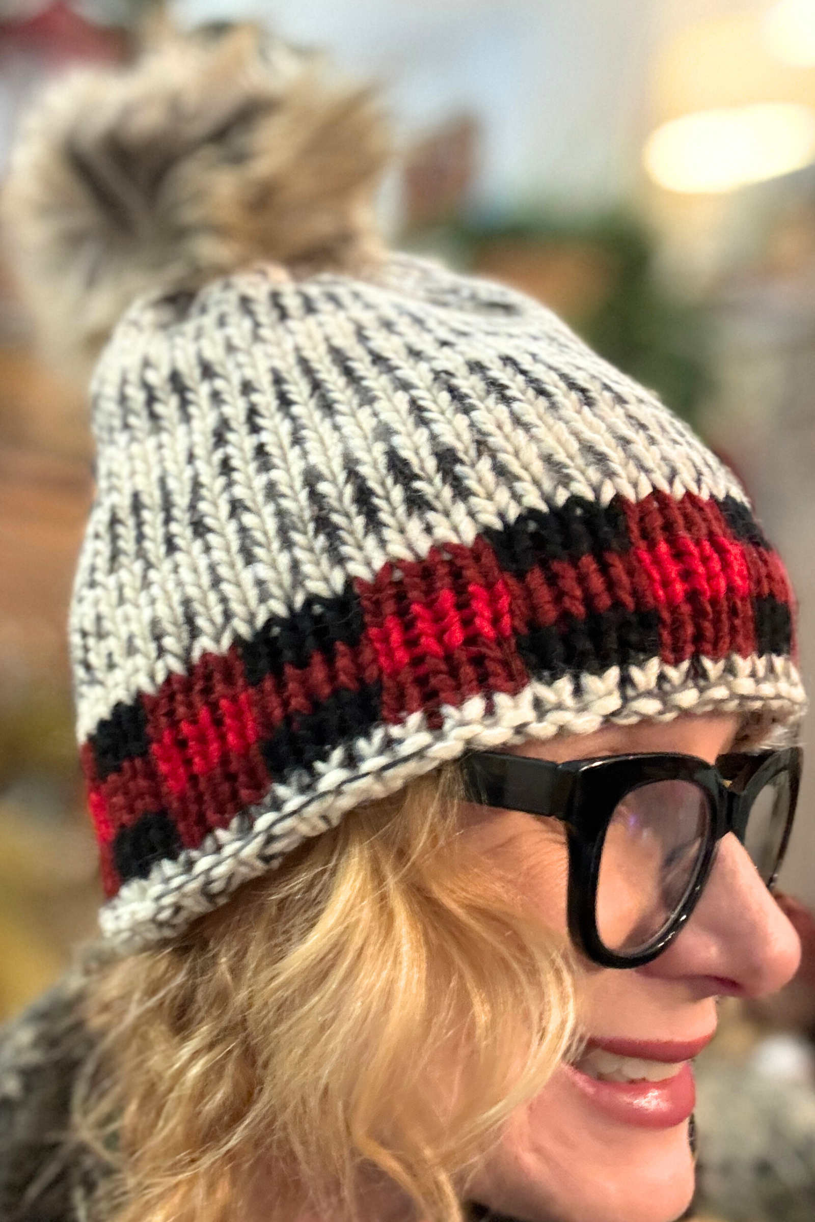 Red Buffalo Plaid Fur Pom Beanie