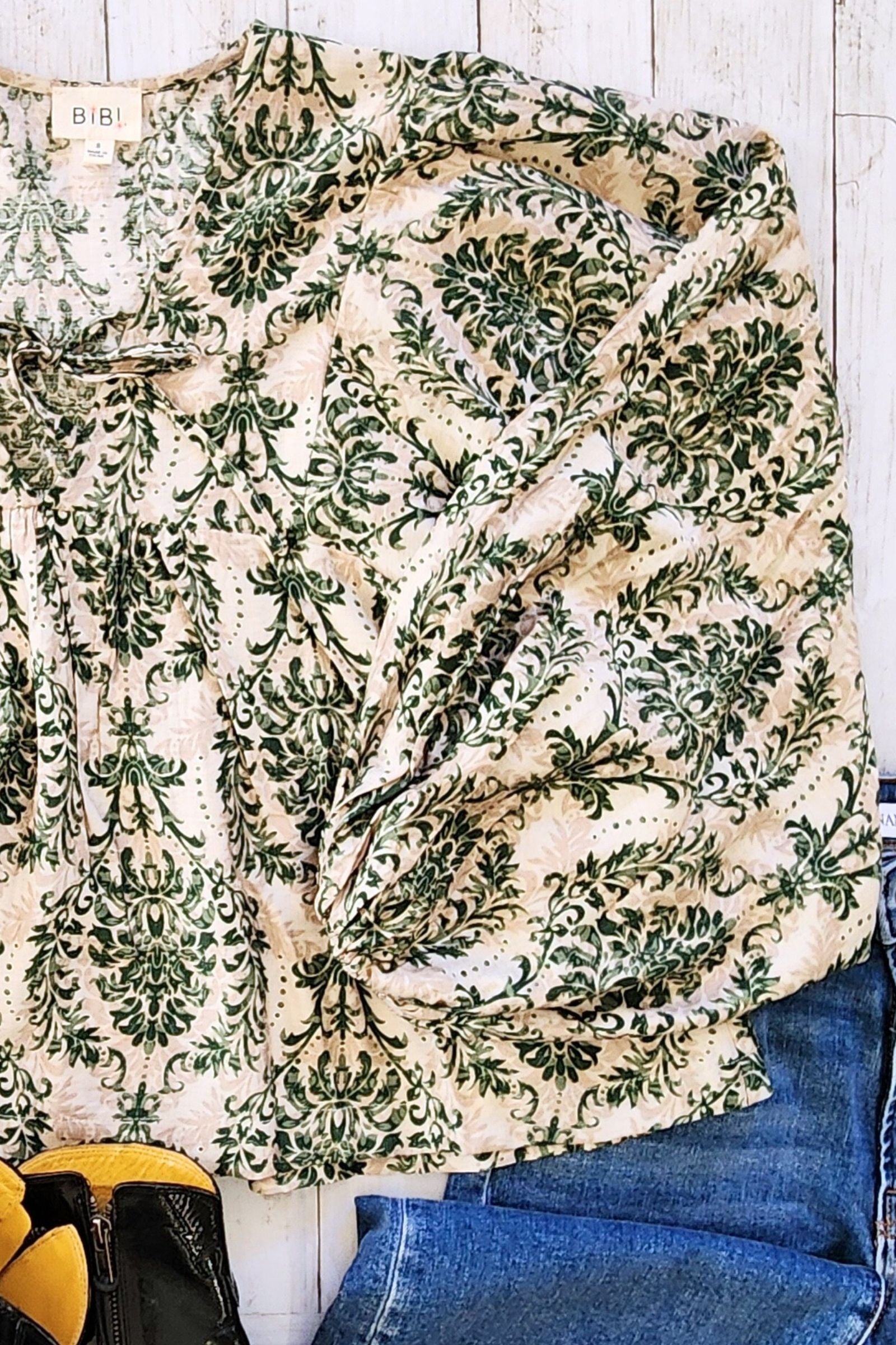 Tan & Olive Damask Print Blouse