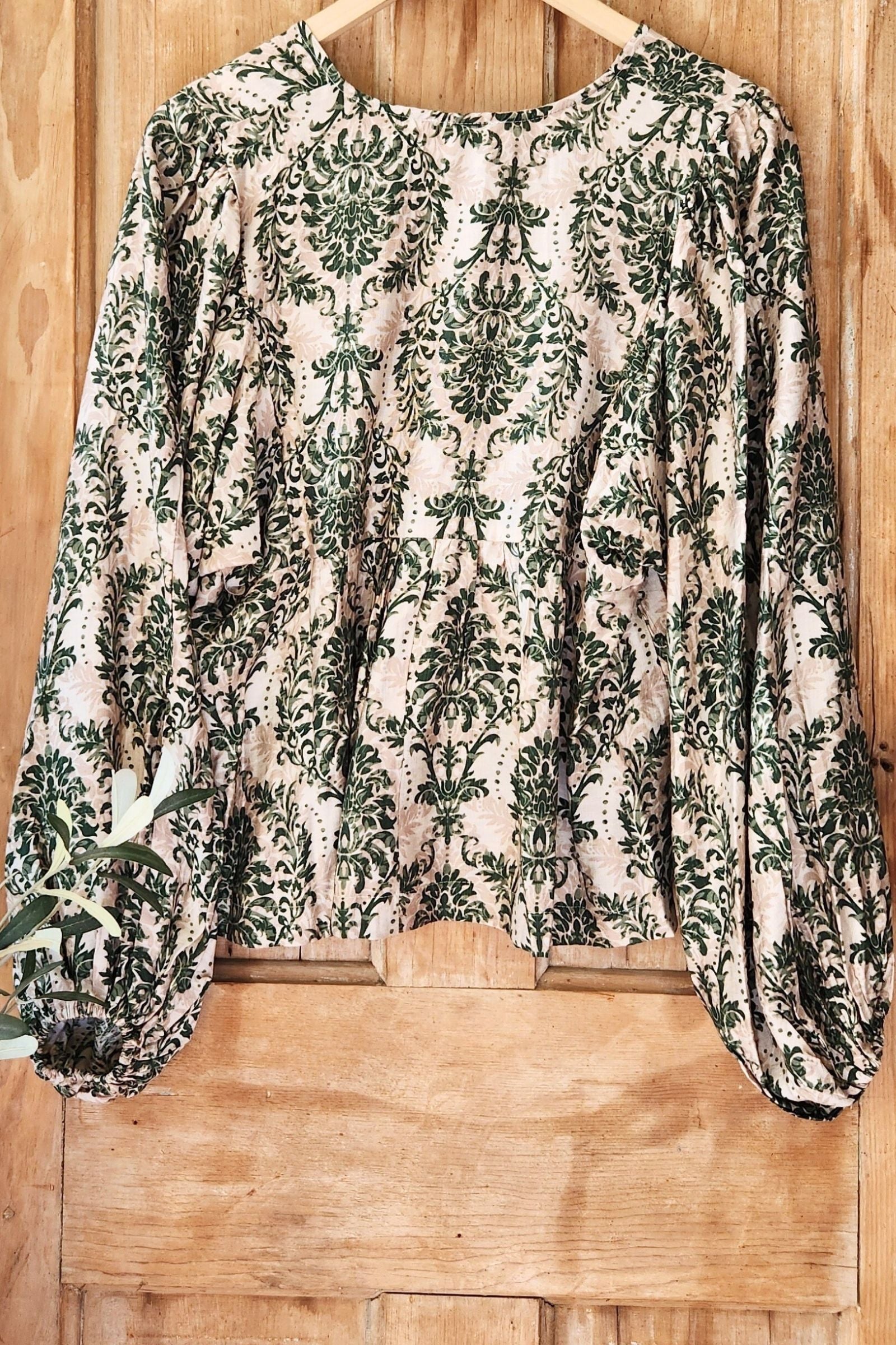 Tan & Olive Damask Print Blouse
