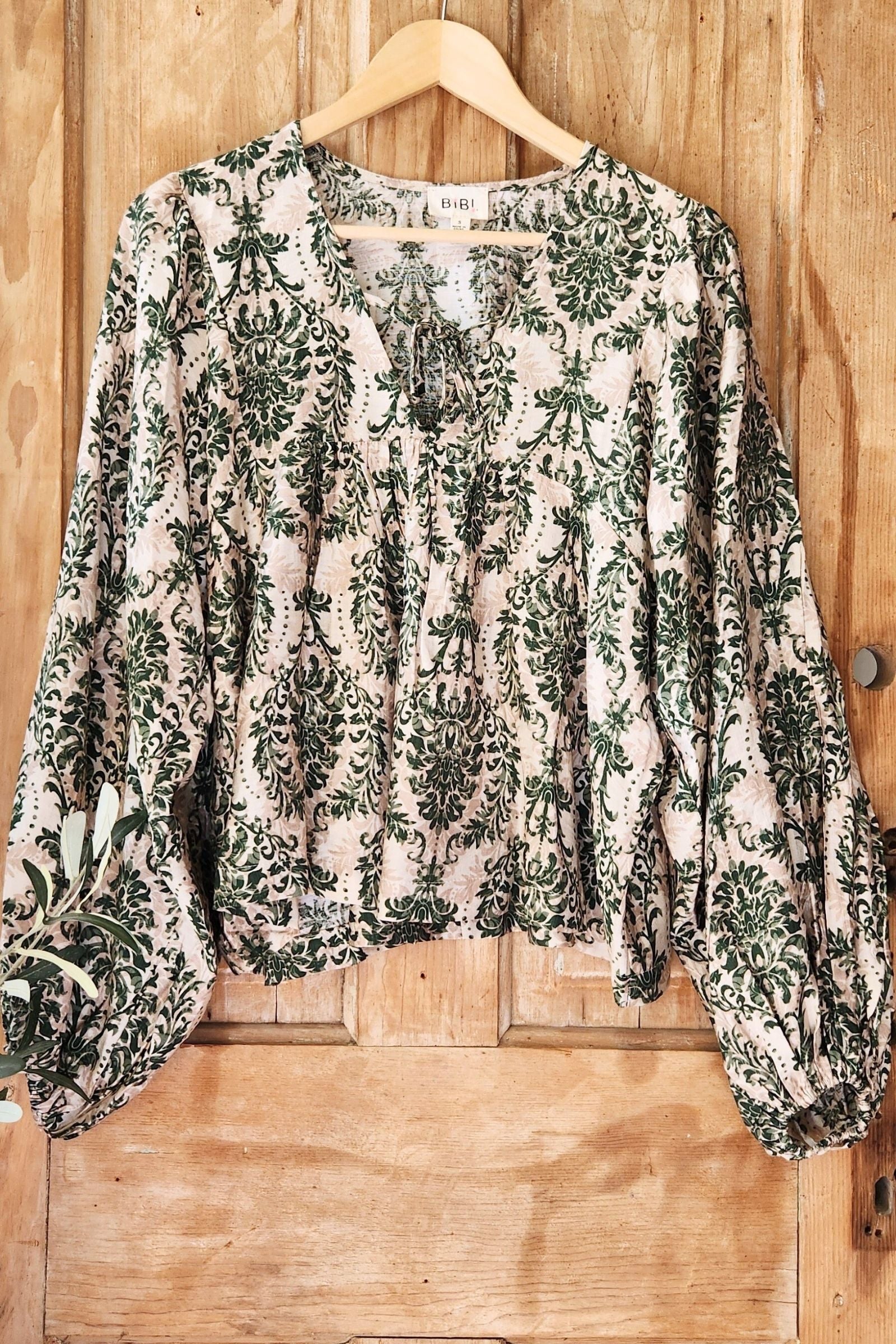Tan & Olive Damask Print Blouse