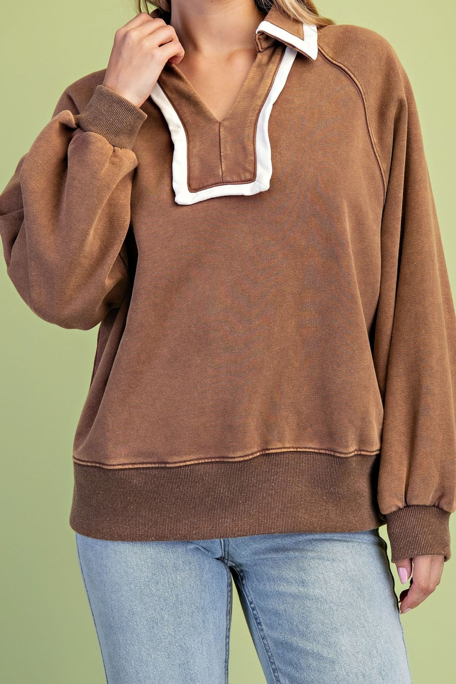 Washed Brown V Neck Sweatshirt